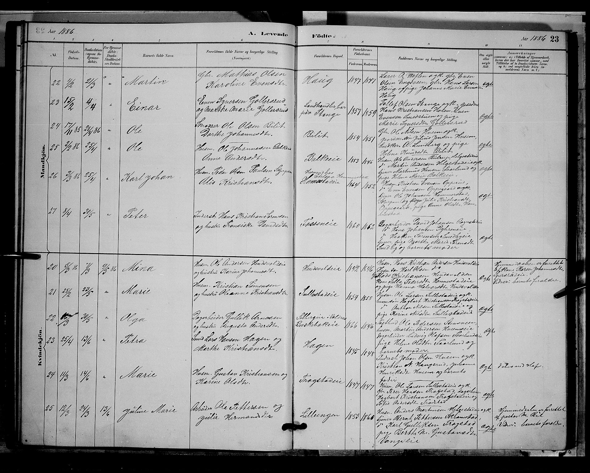 Østre Toten prestekontor, AV/SAH-PREST-104/H/Ha/Hab/L0005: Parish register (copy) no. 5, 1884-1893, p. 23