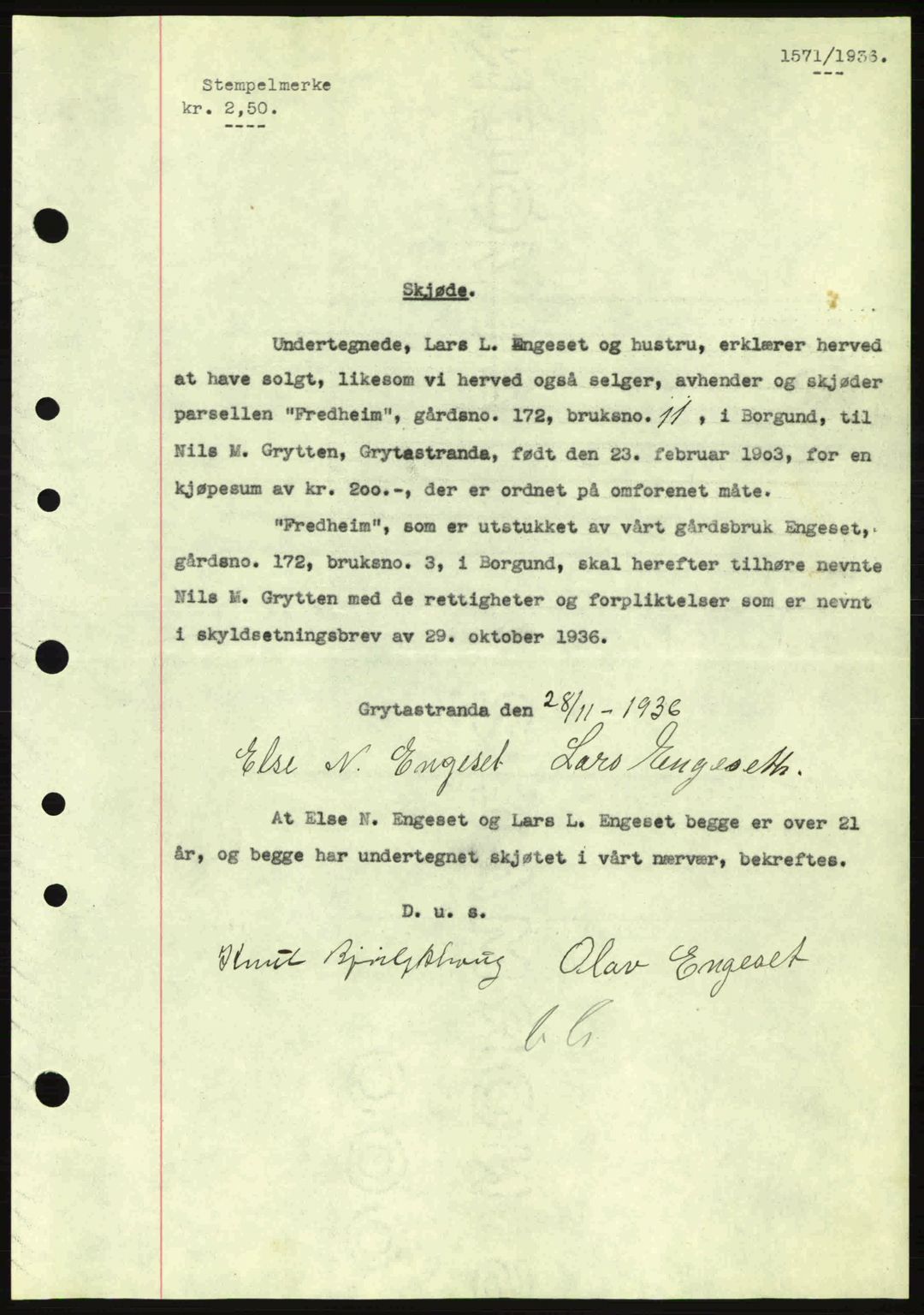 Nordre Sunnmøre sorenskriveri, AV/SAT-A-0006/1/2/2C/2Ca: Mortgage book no. A2, 1936-1937, Diary no: : 1571/1936