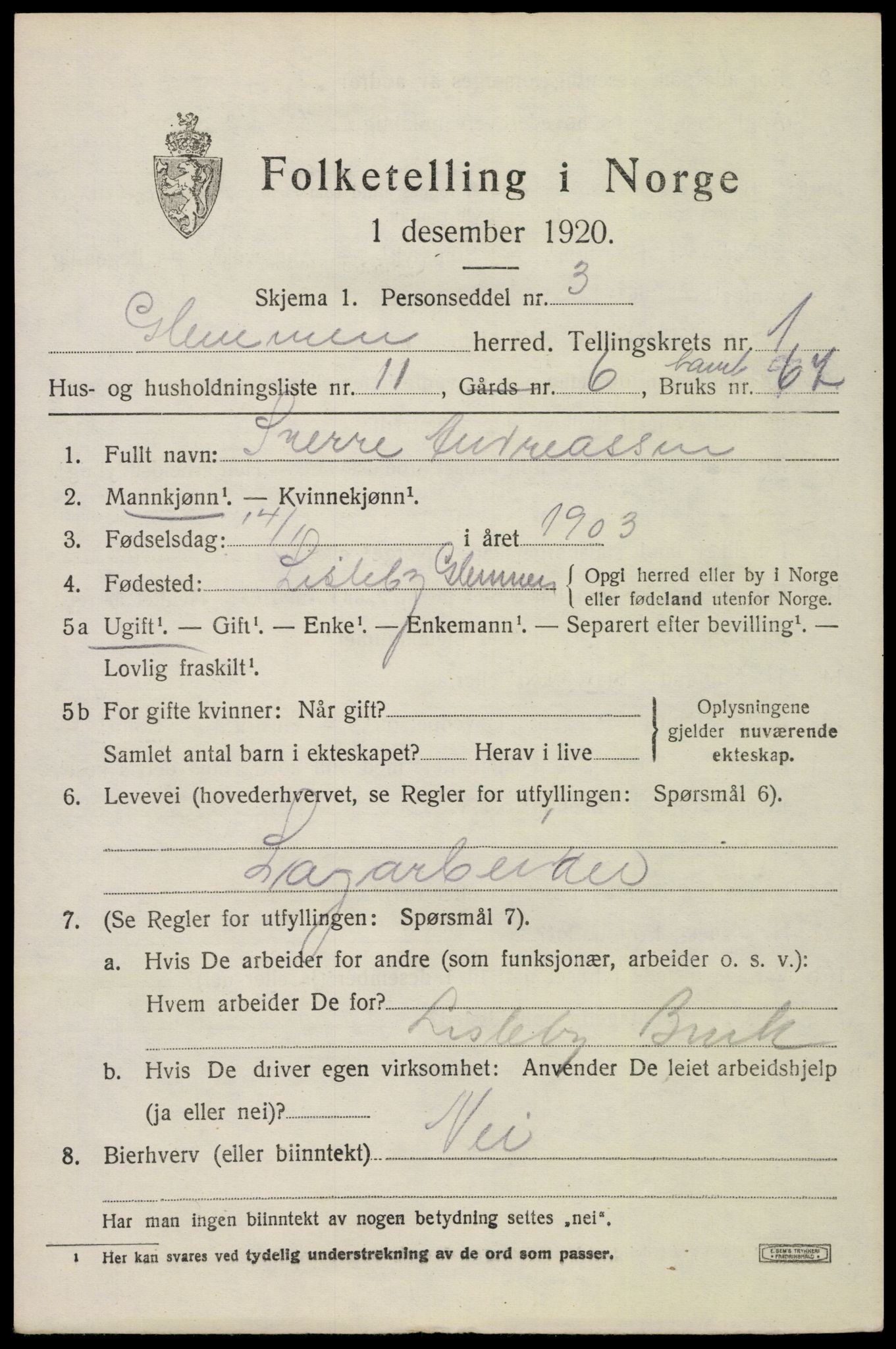 SAO, 1920 census for Glemmen, 1920, p. 3019