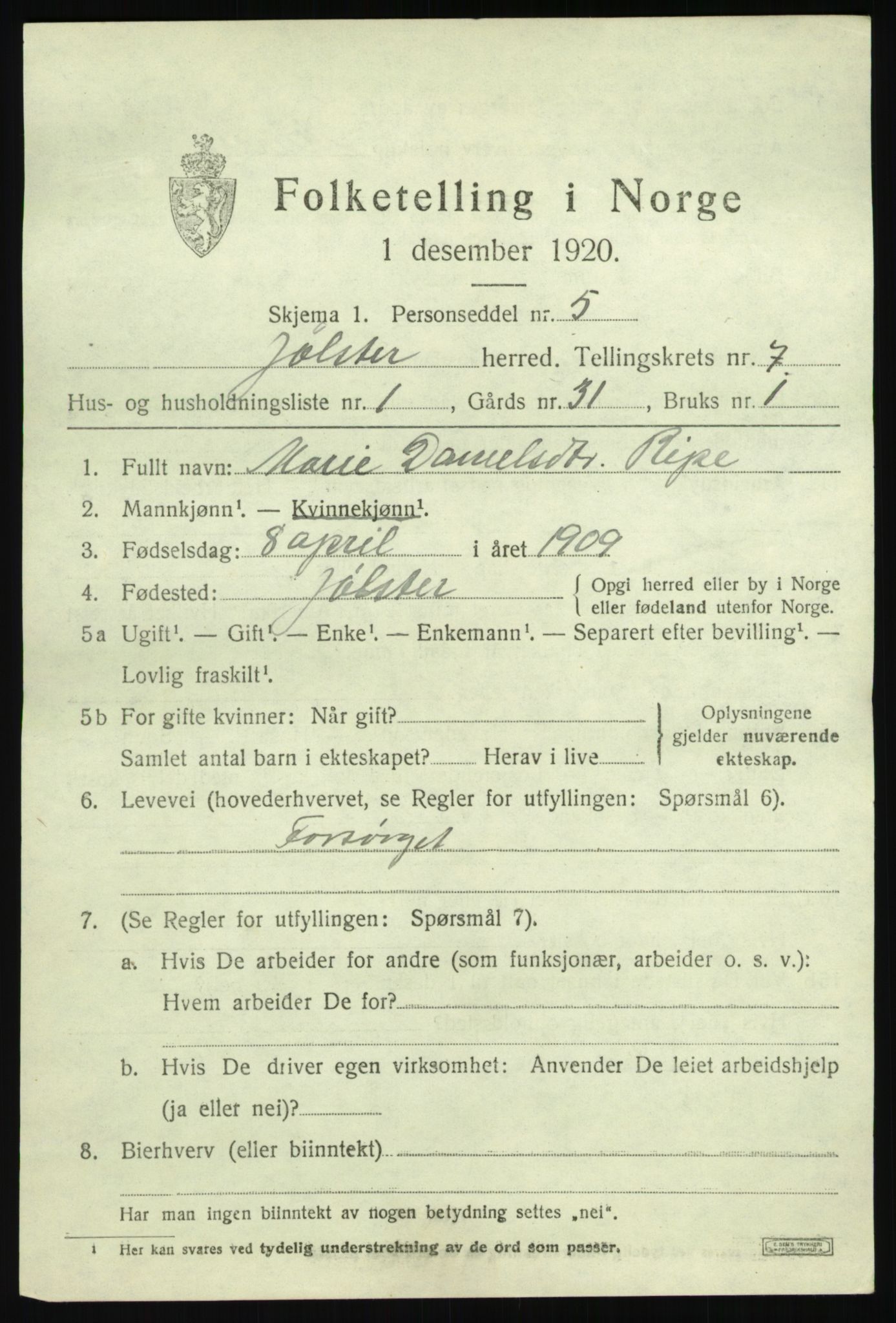 SAB, 1920 census for Jølster, 1920, p. 3588