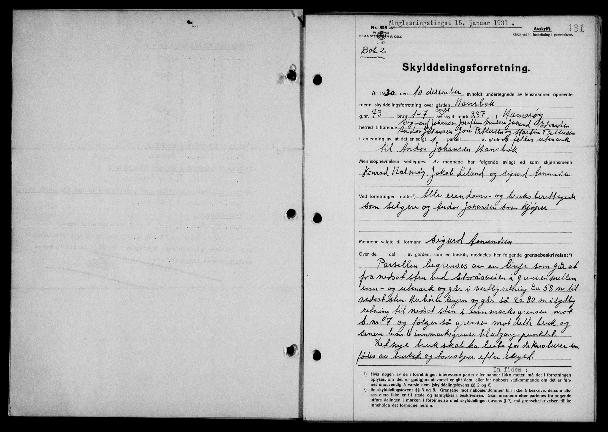 Steigen og Ofoten sorenskriveri, SAT/A-0030/1/2/2C/L0018/0001: Mortgage book no. 20-II og 21, 1930-1931, Deed date: 15.01.1931