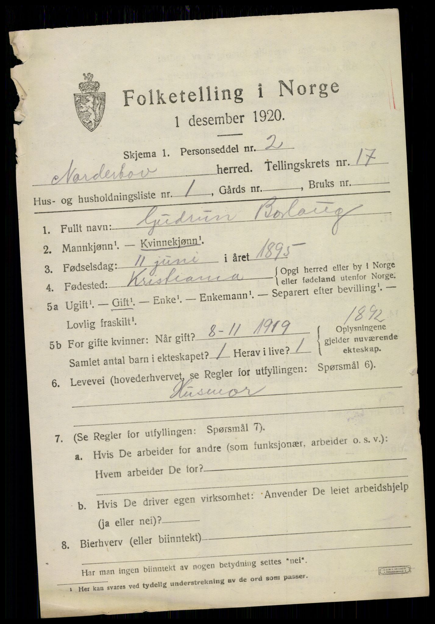 SAKO, 1920 census for Norderhov, 1920, p. 18518