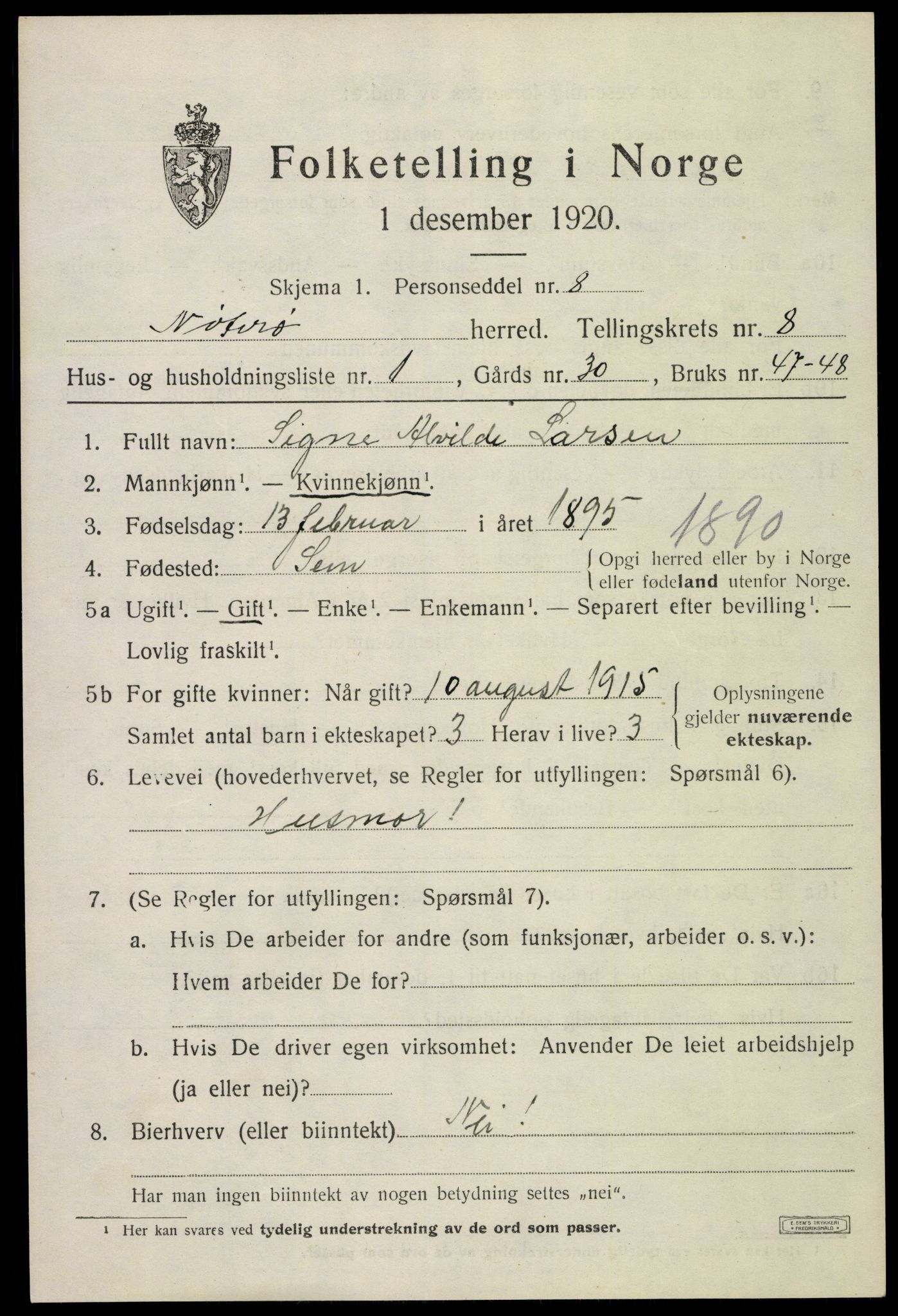 SAKO, 1920 census for Nøtterøy, 1920, p. 10421