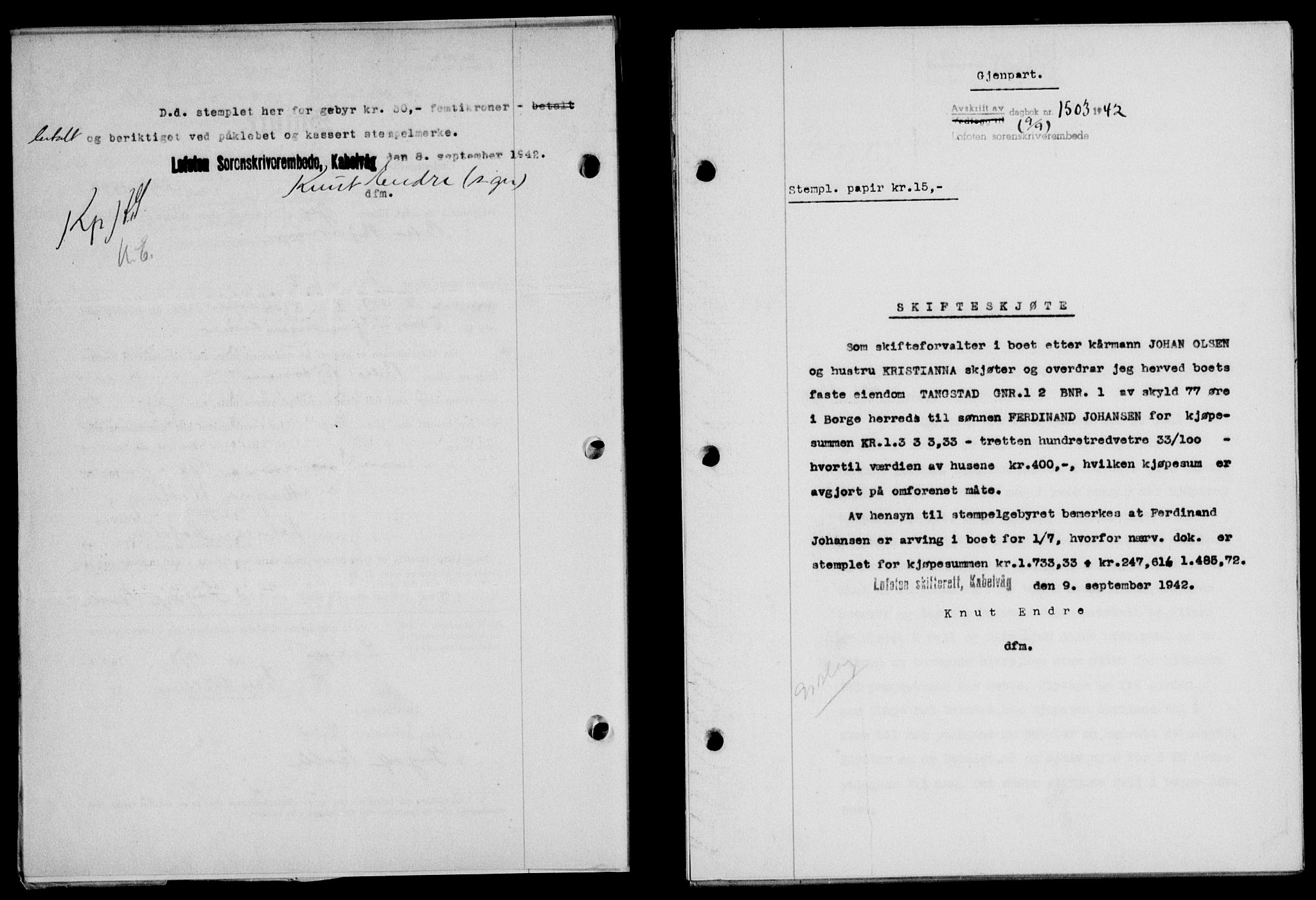Lofoten sorenskriveri, SAT/A-0017/1/2/2C/L0010a: Mortgage book no. 10a, 1942-1943, Diary no: : 1503/1942