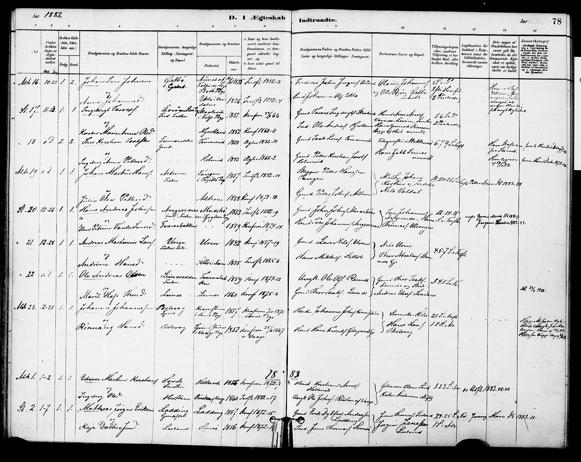 Ministerialprotokoller, klokkerbøker og fødselsregistre - Nordland, AV/SAT-A-1459/830/L0450: Parish register (official) no. 830A14, 1879-1896, p. 78