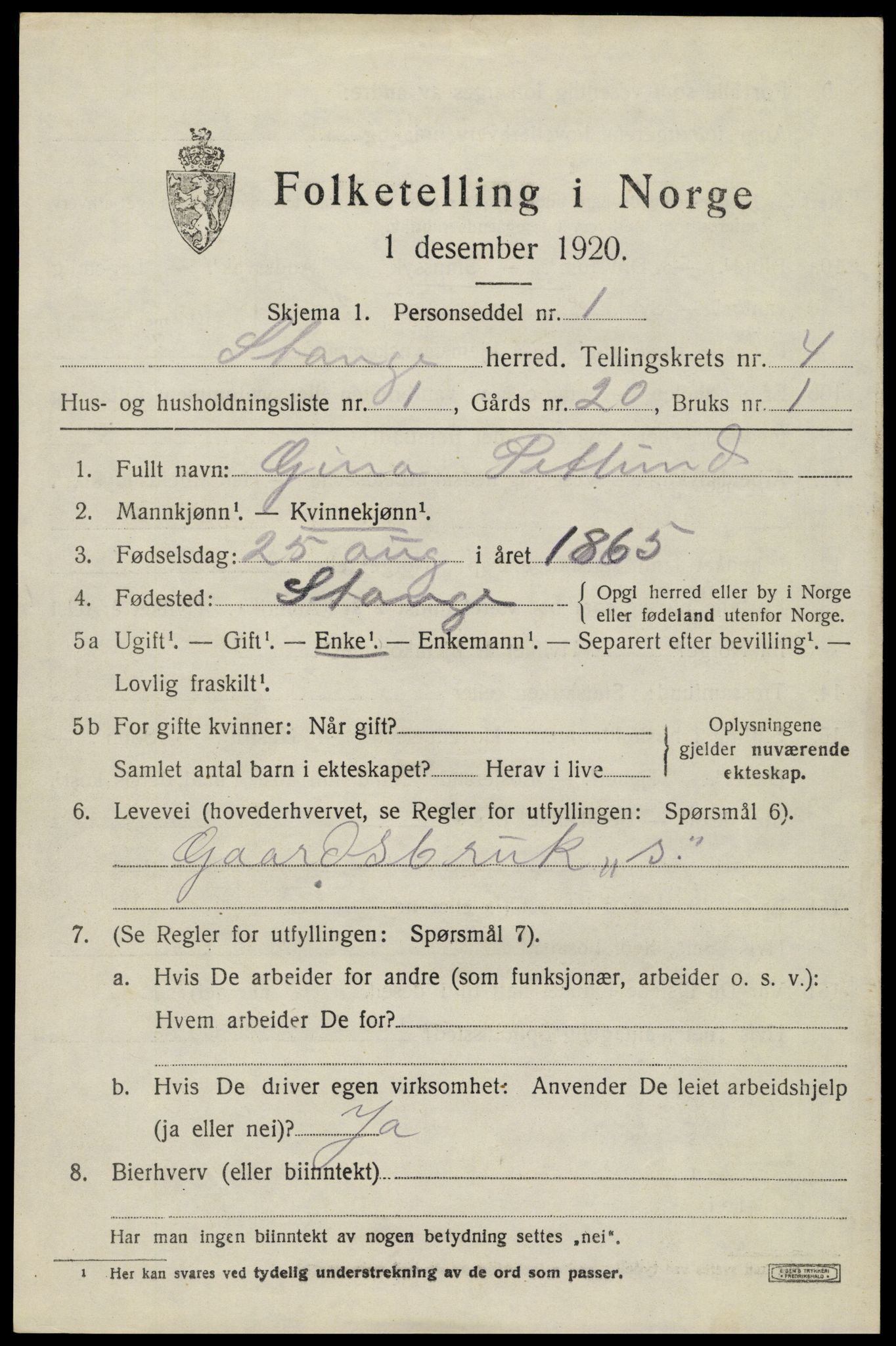 SAH, 1920 census for Stange, 1920, p. 6593
