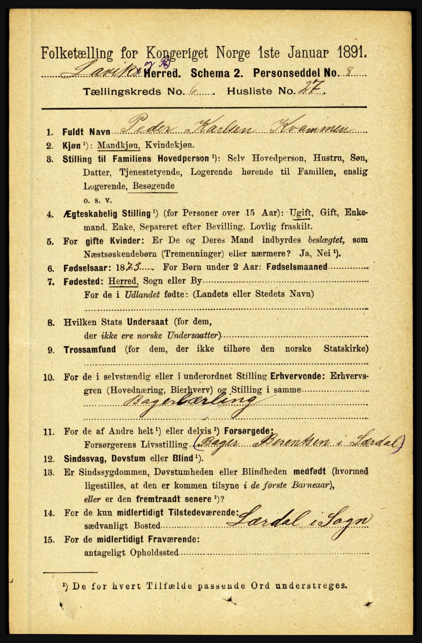 RA, 1891 census for 1415 Lavik og Brekke, 1891, p. 1313