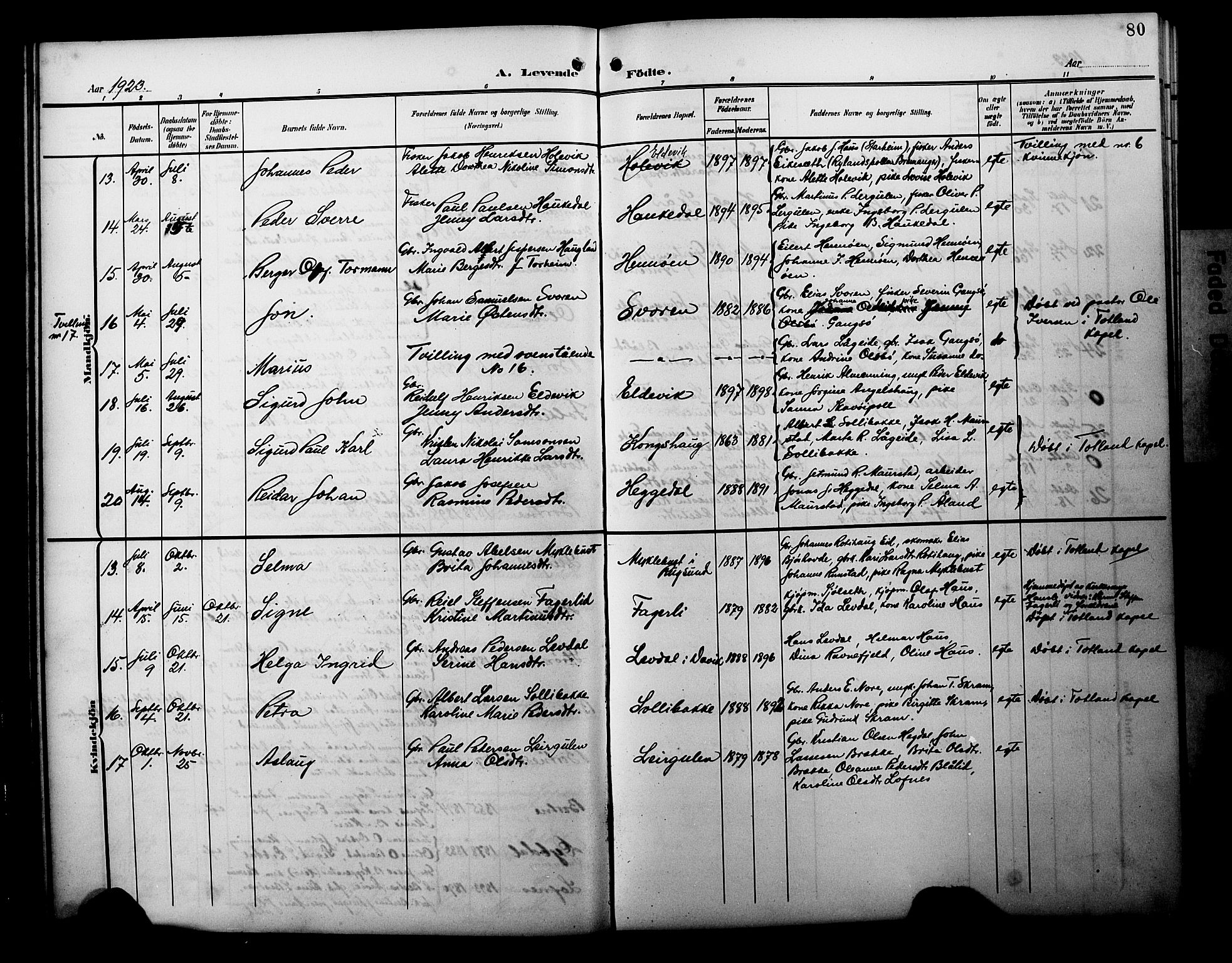 Davik sokneprestembete, AV/SAB-A-79701/H/Hab/Habc/L0003: Parish register (copy) no. C 3, 1907-1929, p. 80