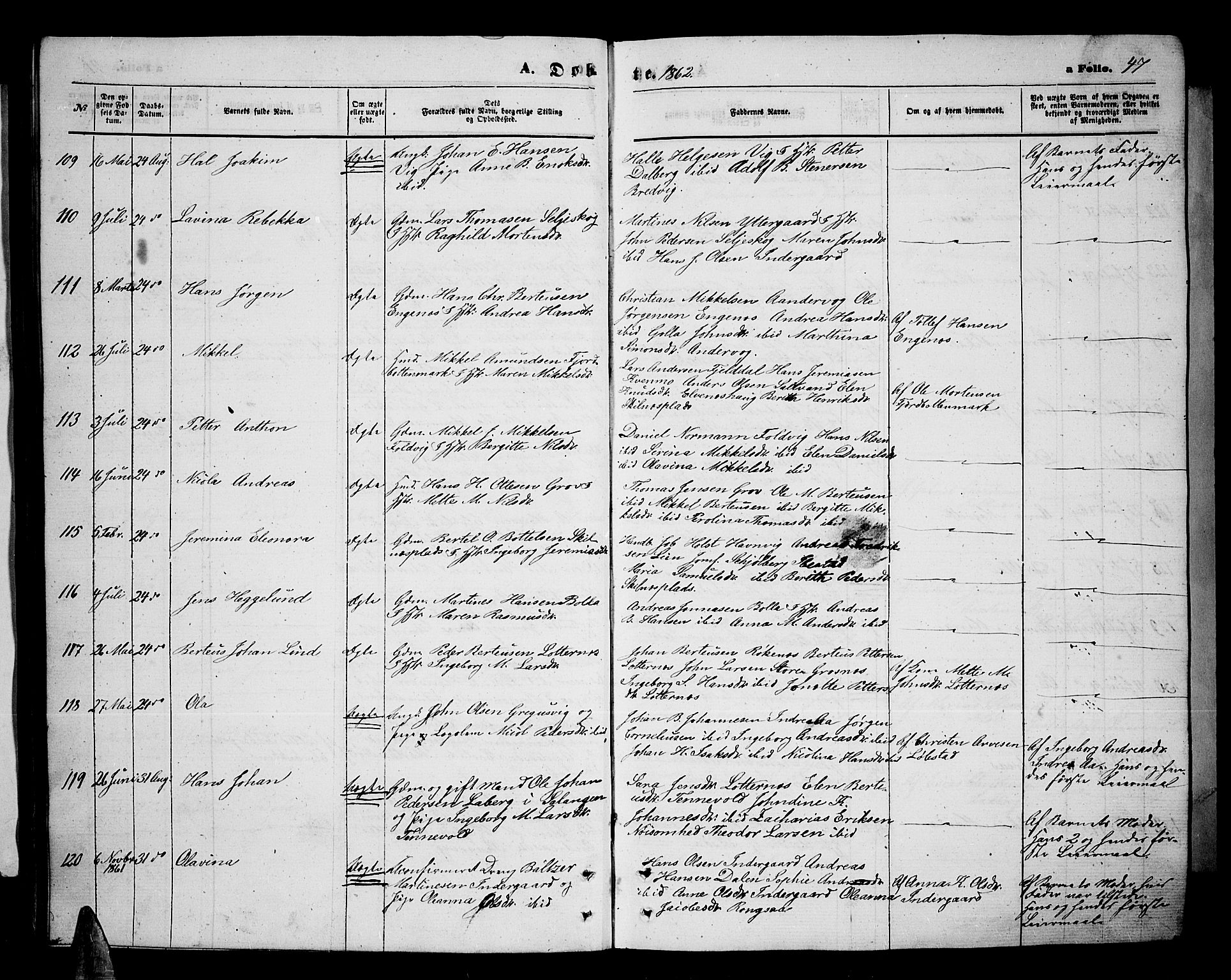 Ibestad sokneprestembete, AV/SATØ-S-0077/H/Ha/Hab/L0005klokker: Parish register (copy) no. 5, 1860-1871, p. 47