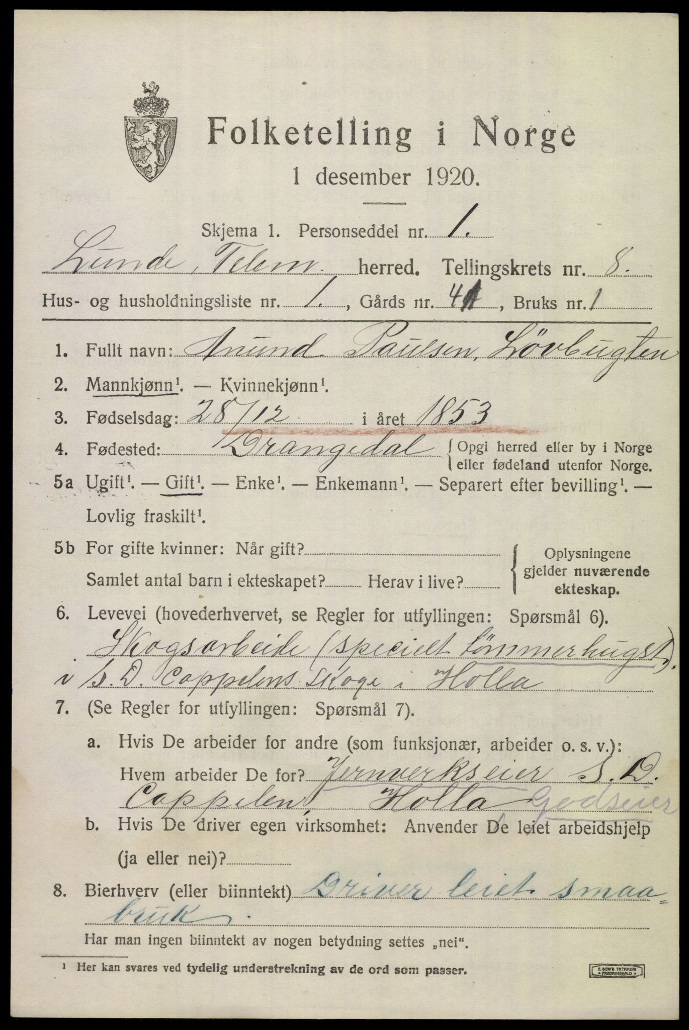 SAKO, 1920 census for Lunde, 1920, p. 5233