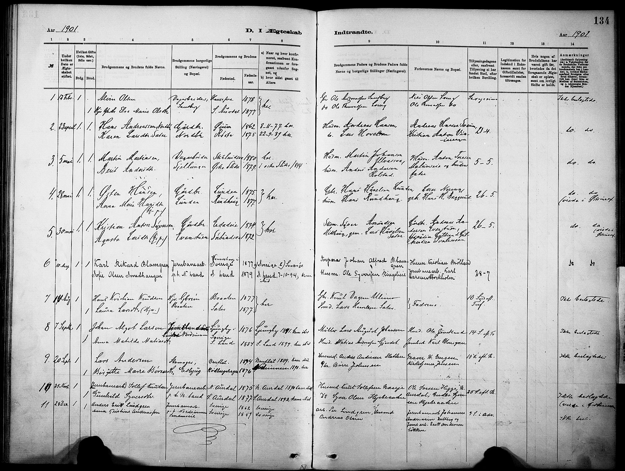 Nordre Land prestekontor, SAH/PREST-124/H/Ha/Haa/L0005: Parish register (official) no. 5, 1882-1903, p. 134