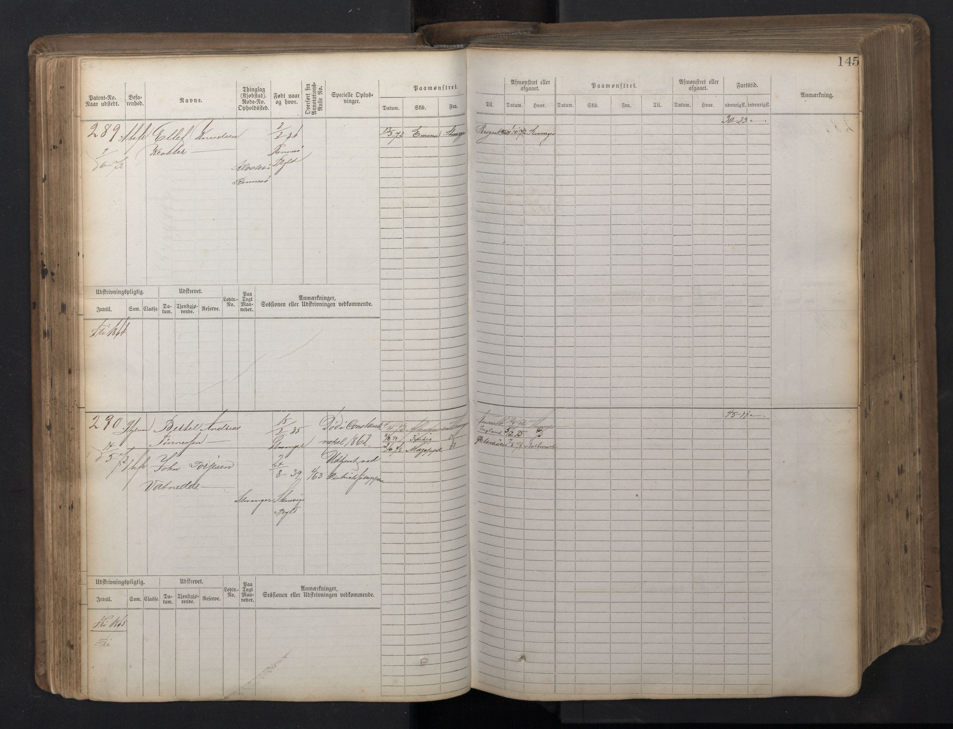 Stavanger sjømannskontor, AV/SAST-A-102006/F/Fb/Fbb/L0016: Sjøfartshovedrulle patnentnr. 1-1202 (dublett), 1869, p. 145