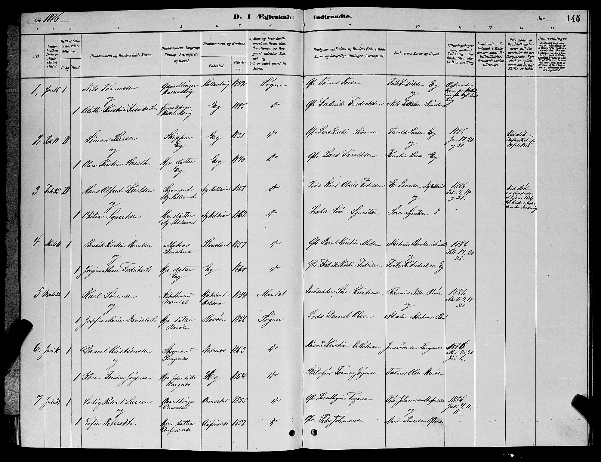 Søgne sokneprestkontor, AV/SAK-1111-0037/F/Fb/Fbb/L0005: Parish register (copy) no. B 5, 1884-1891, p. 145