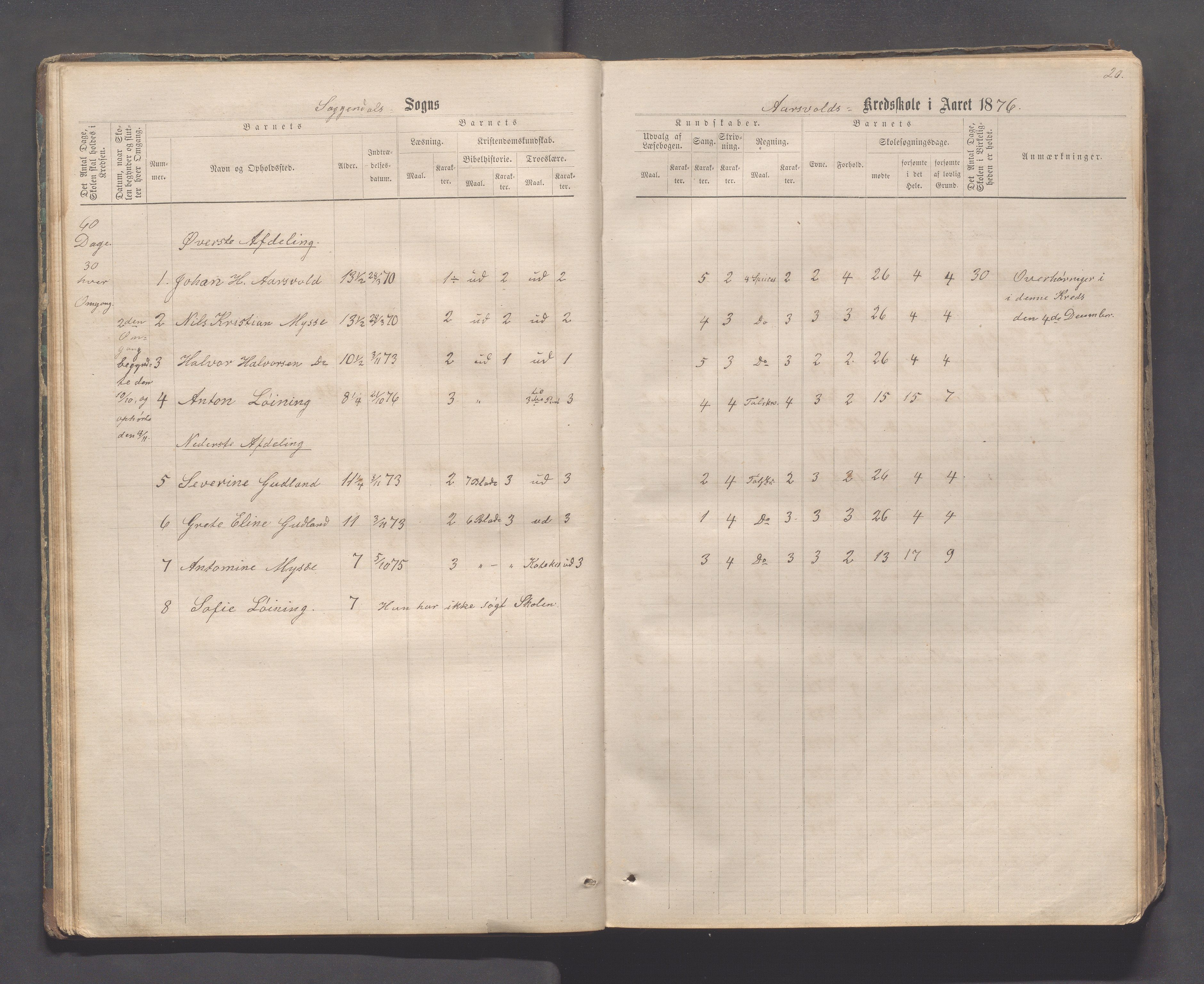 Sokndal kommune- Skolestyret/Skolekontoret, IKAR/K-101142/H/L0011: Skoleprotokoll - Mydland, Årrestad, Årsvoll, Gyland, Brambo, Skogestad, 1873-1908, p. 20