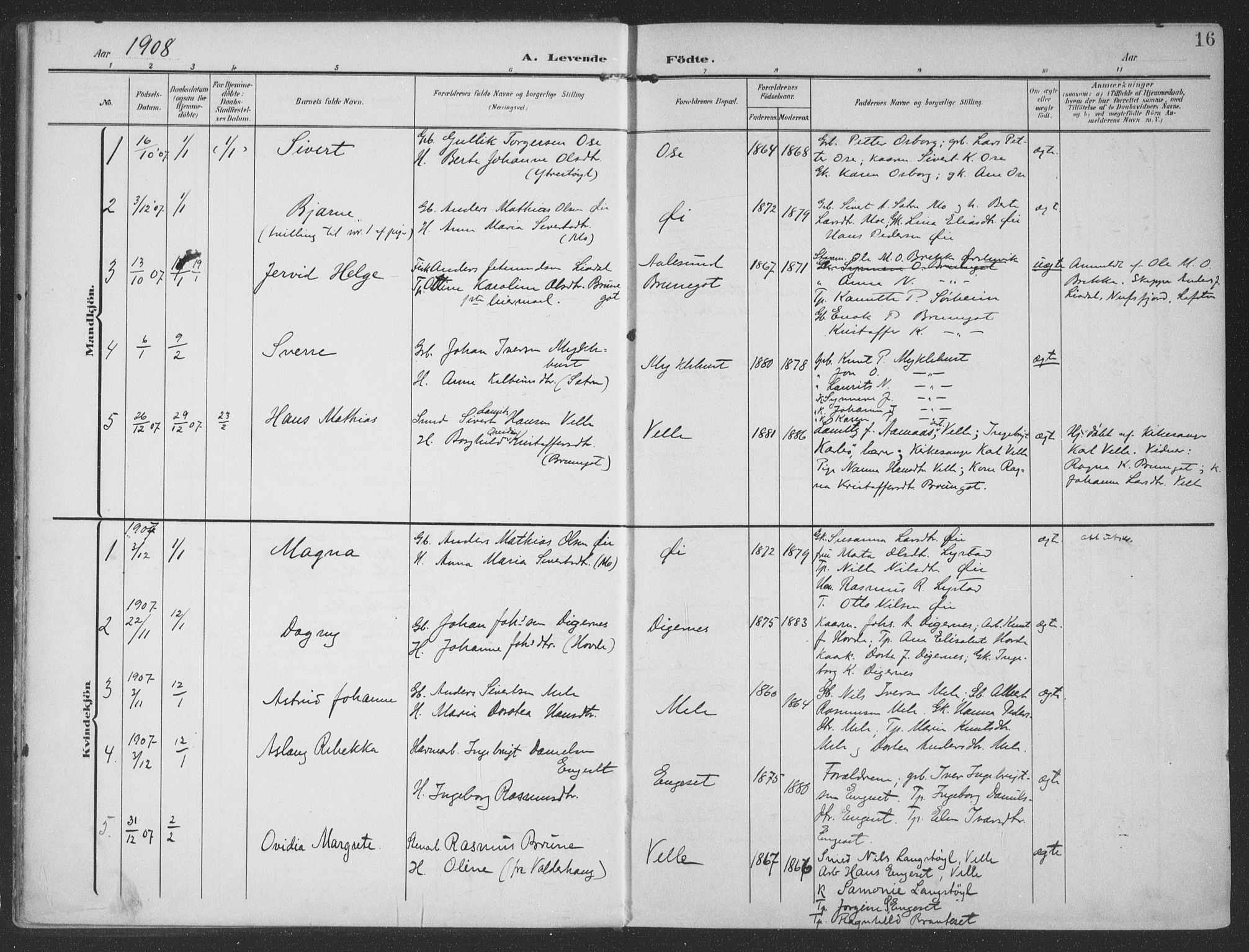 Ministerialprotokoller, klokkerbøker og fødselsregistre - Møre og Romsdal, SAT/A-1454/513/L0178: Parish register (official) no. 513A05, 1906-1919, p. 16