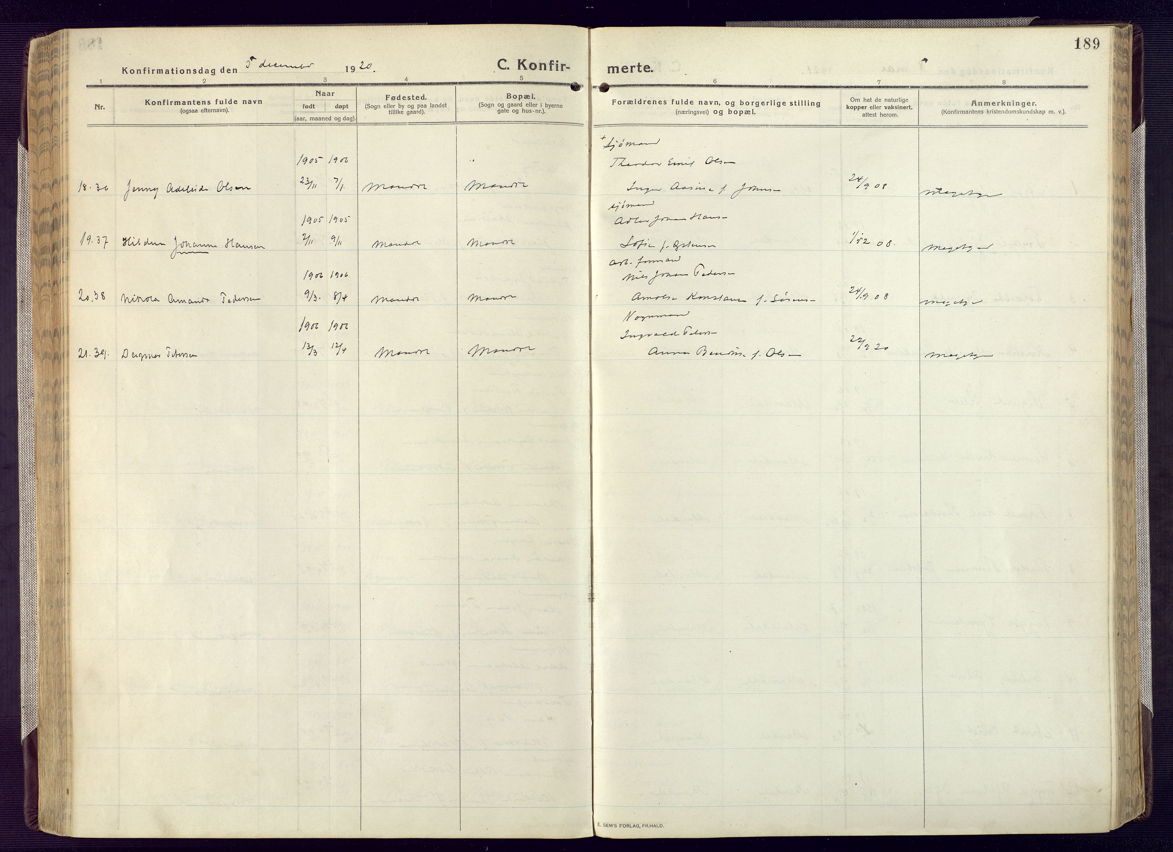 Mandal sokneprestkontor, AV/SAK-1111-0030/F/Fa/Fac/L0001: Parish register (official) no. A 1, 1913-1925, p. 189