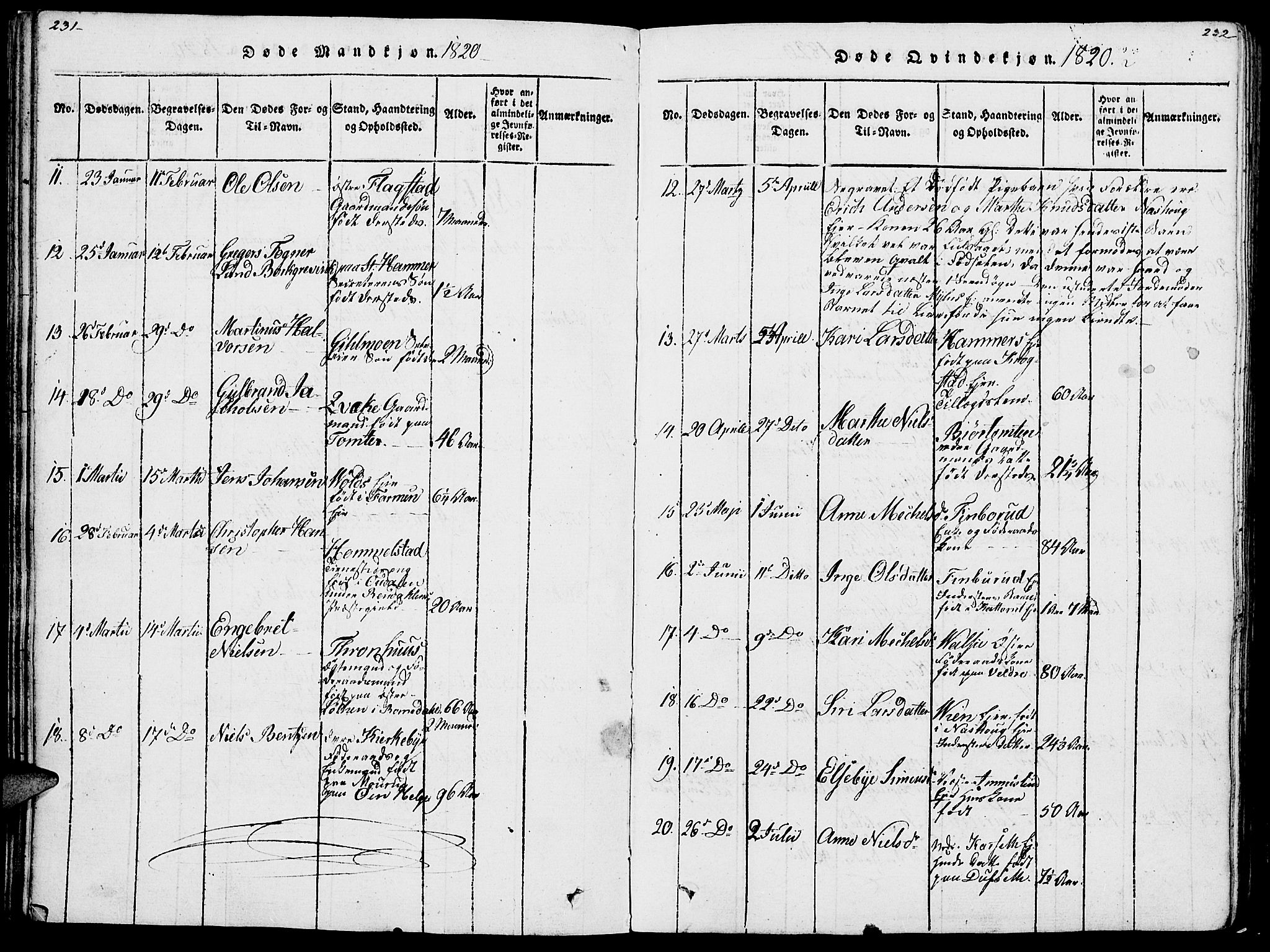 Vang prestekontor, Hedmark, AV/SAH-PREST-008/H/Ha/Haa/L0007: Parish register (official) no. 7, 1813-1826, p. 231-232