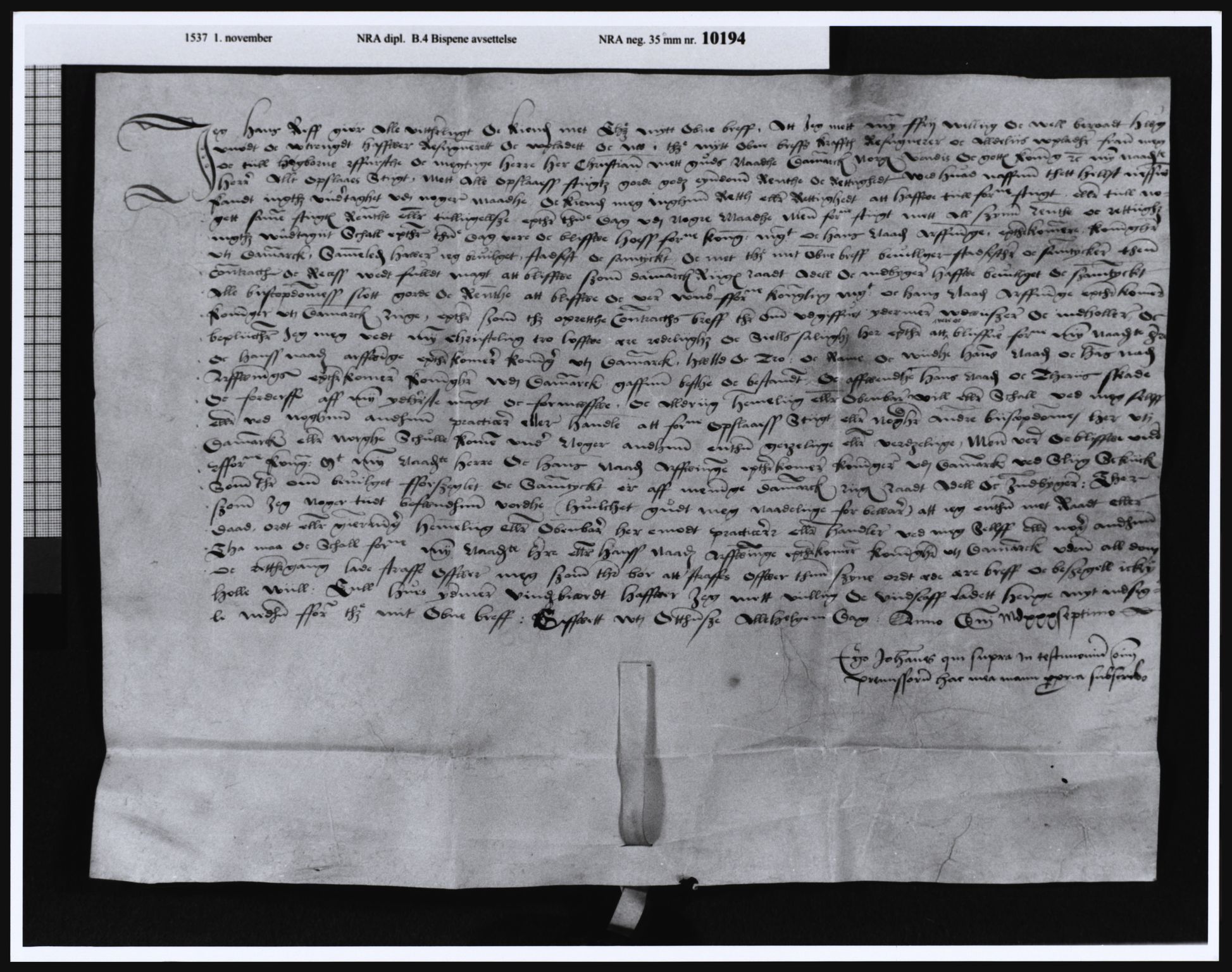 Riksarkivets diplomsamling, AV/RA-EA-5965/F21/F21a/L0001: NRA dipl. B 4 Bispenes avsettelse, 1537, p. 1