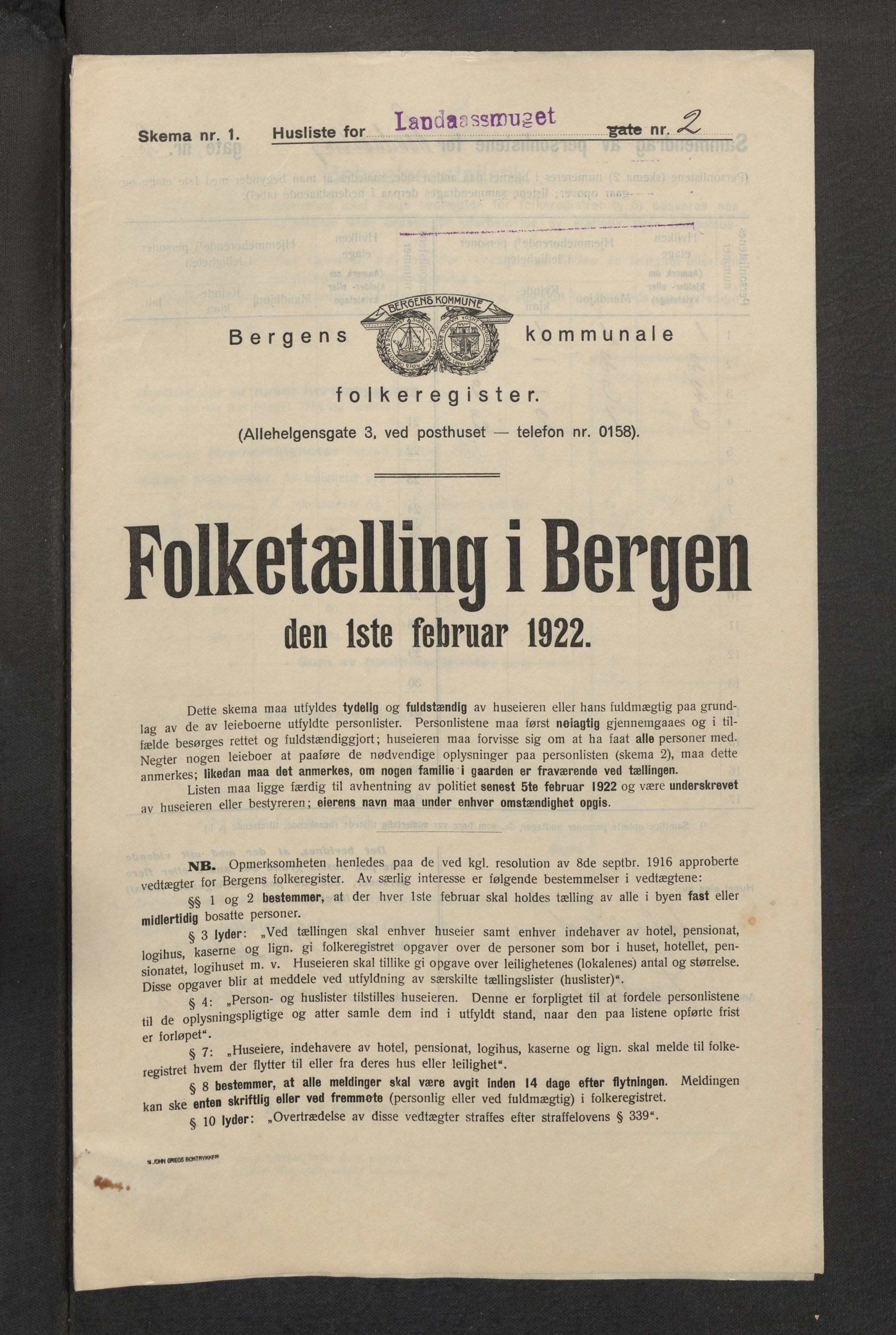 SAB, Municipal Census 1922 for Bergen, 1922, p. 22186