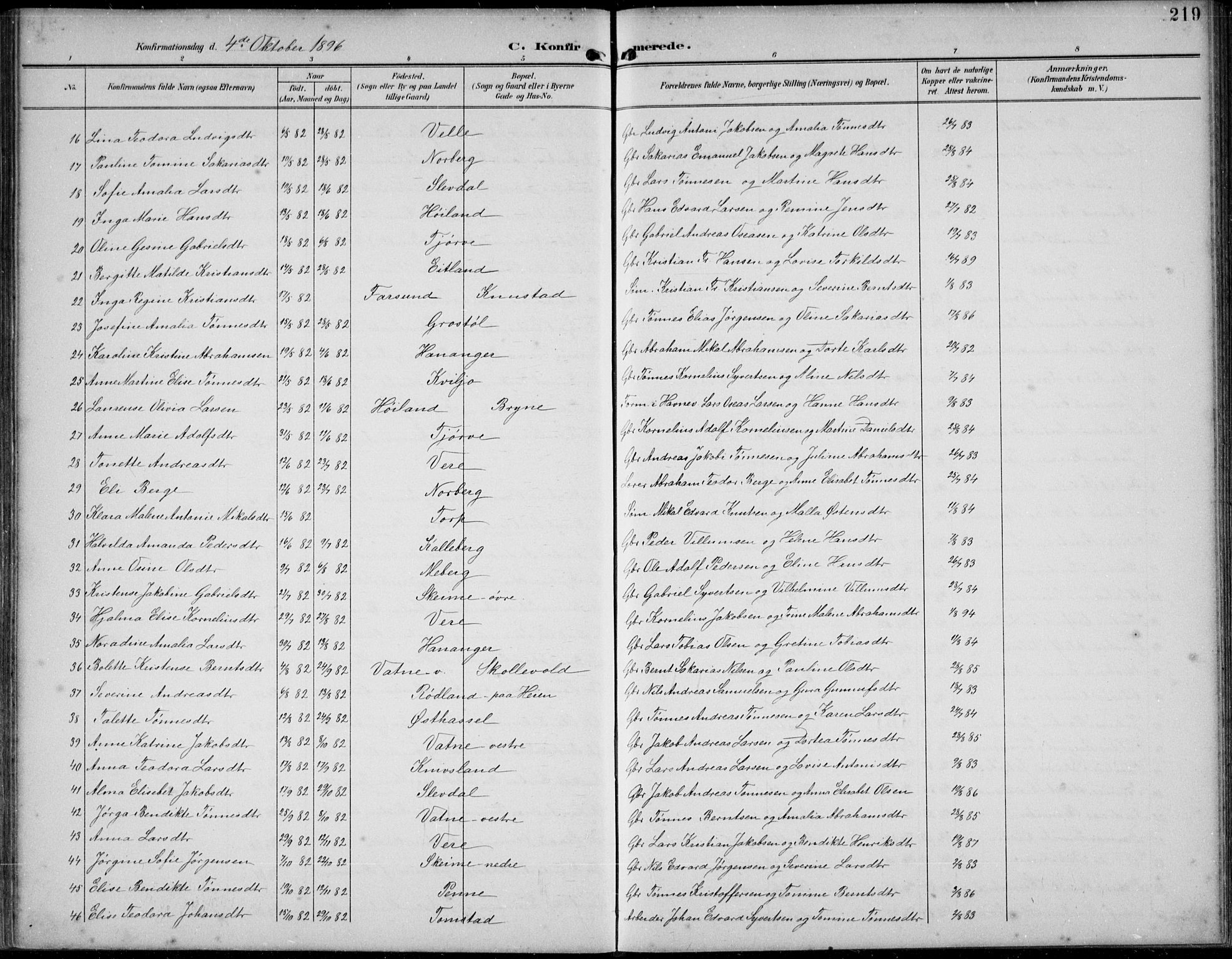 Lista sokneprestkontor, SAK/1111-0027/F/Fb/L0005: Parish register (copy) no. B 5, 1892-1923, p. 219