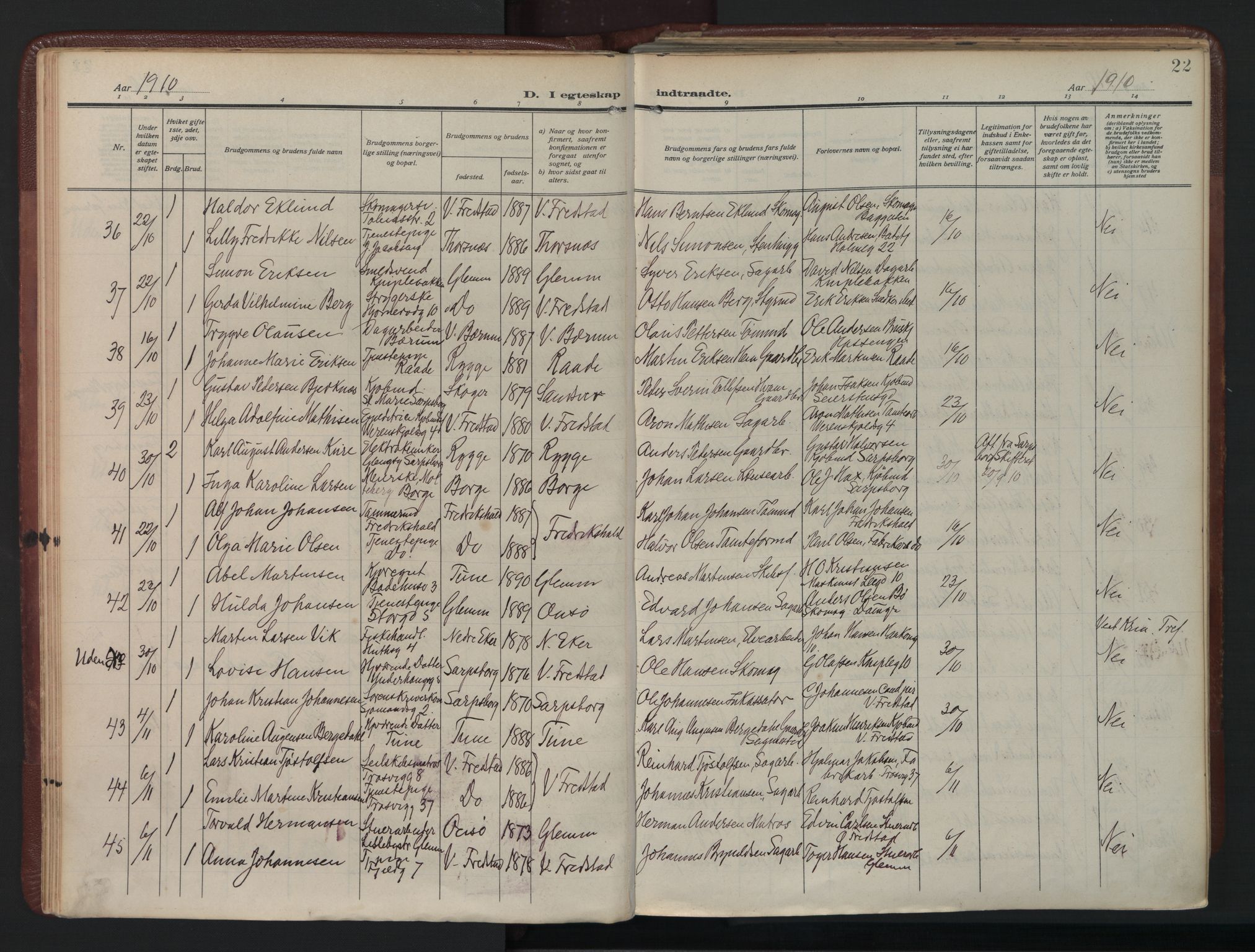Fredrikstad domkirkes prestekontor Kirkebøker, AV/SAO-A-10906/F/Fa/L0009: Parish register (official) no. 9, 1908-1946, p. 22