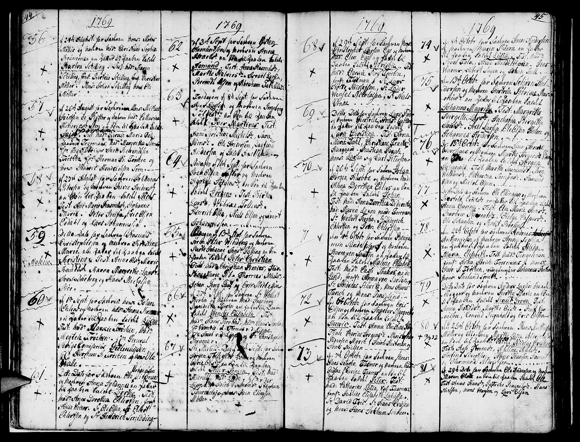 Nykirken Sokneprestembete, AV/SAB-A-77101/H/Haa/L0004: Parish register (official) no. A 4, 1765-1775, p. 44-45