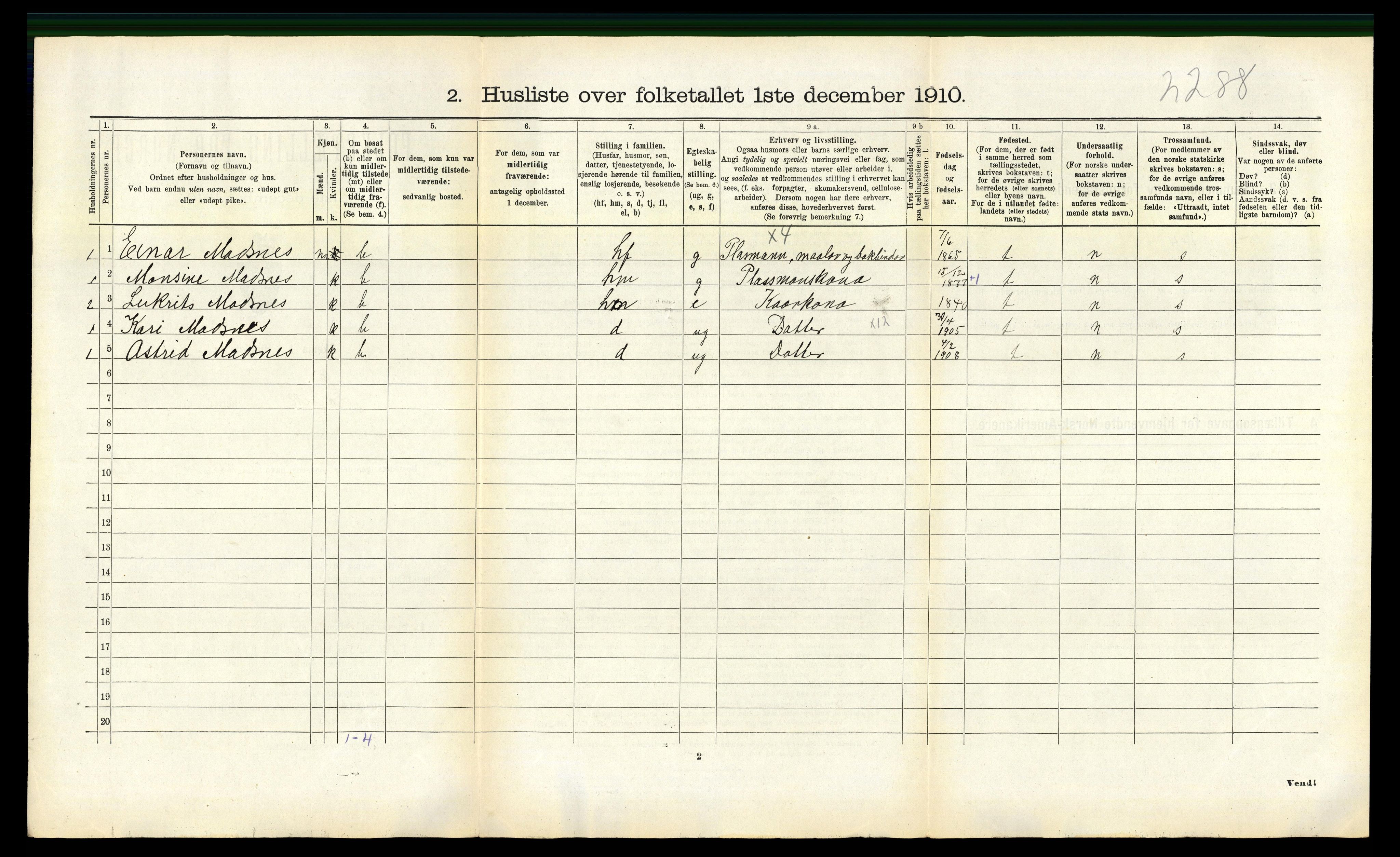 RA, 1910 census for Lavik, 1910, p. 316