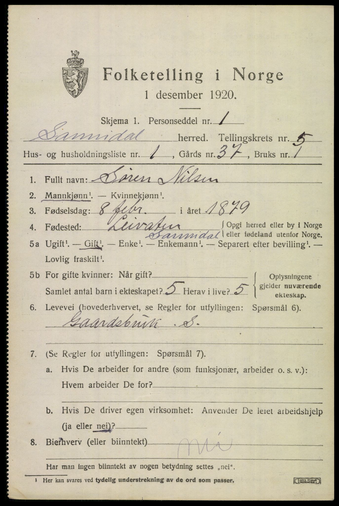 SAKO, 1920 census for Sannidal, 1920, p. 4065