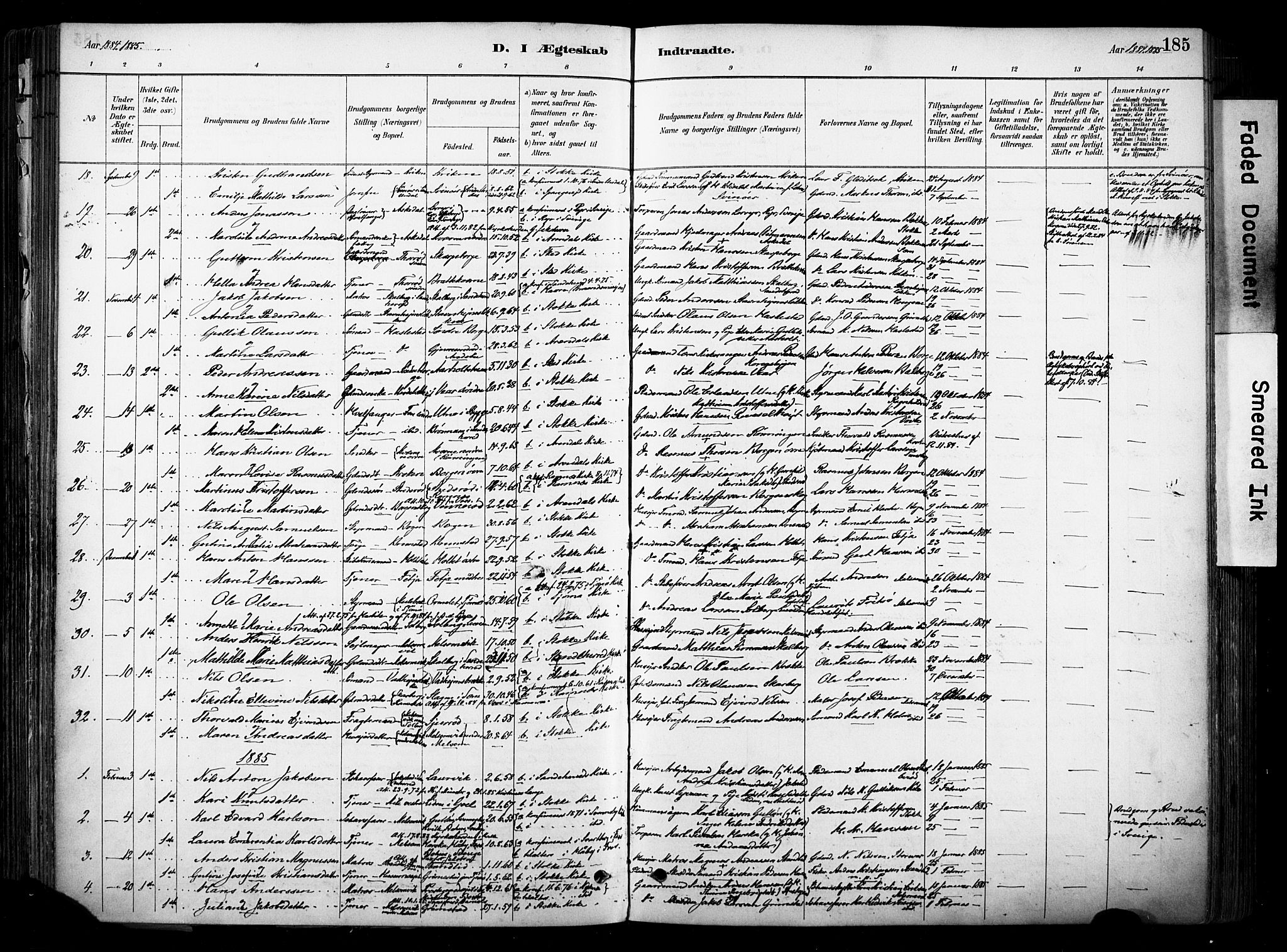 Stokke kirkebøker, AV/SAKO-A-320/F/Fa/L0010: Parish register (official) no. I 10, 1884-1903, p. 185