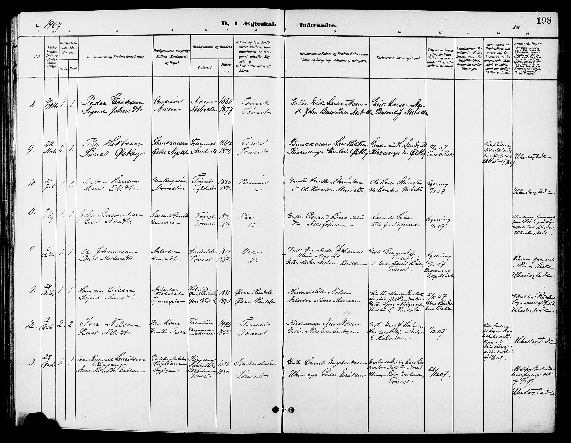 Tynset prestekontor, AV/SAH-PREST-058/H/Ha/Hab/L0009: Parish register (copy) no. 9, 1900-1914, p. 198