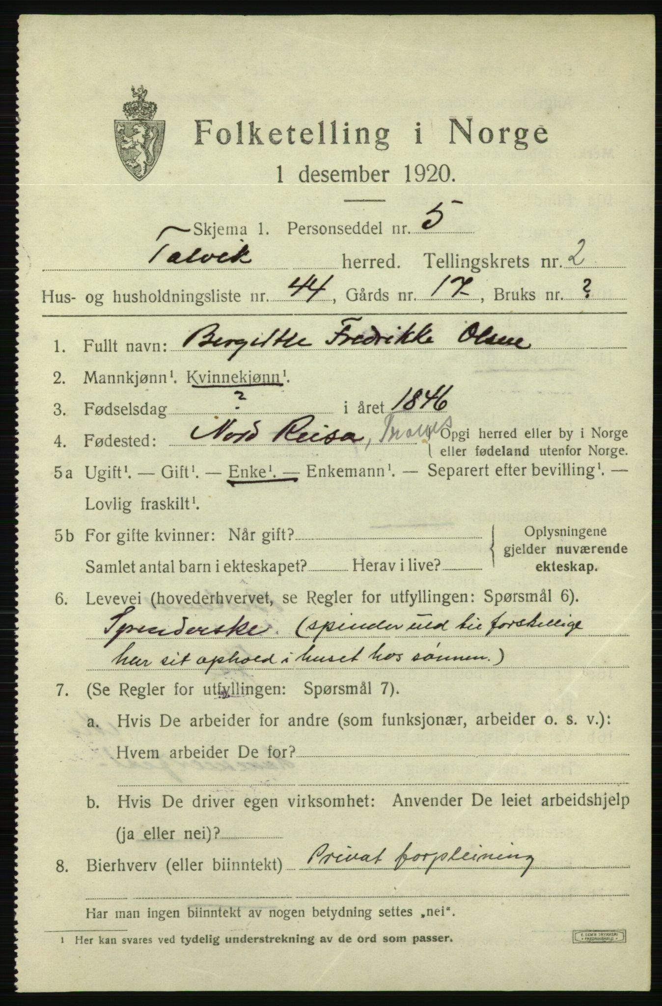 SATØ, 1920 census for Talvik, 1920, p. 2170