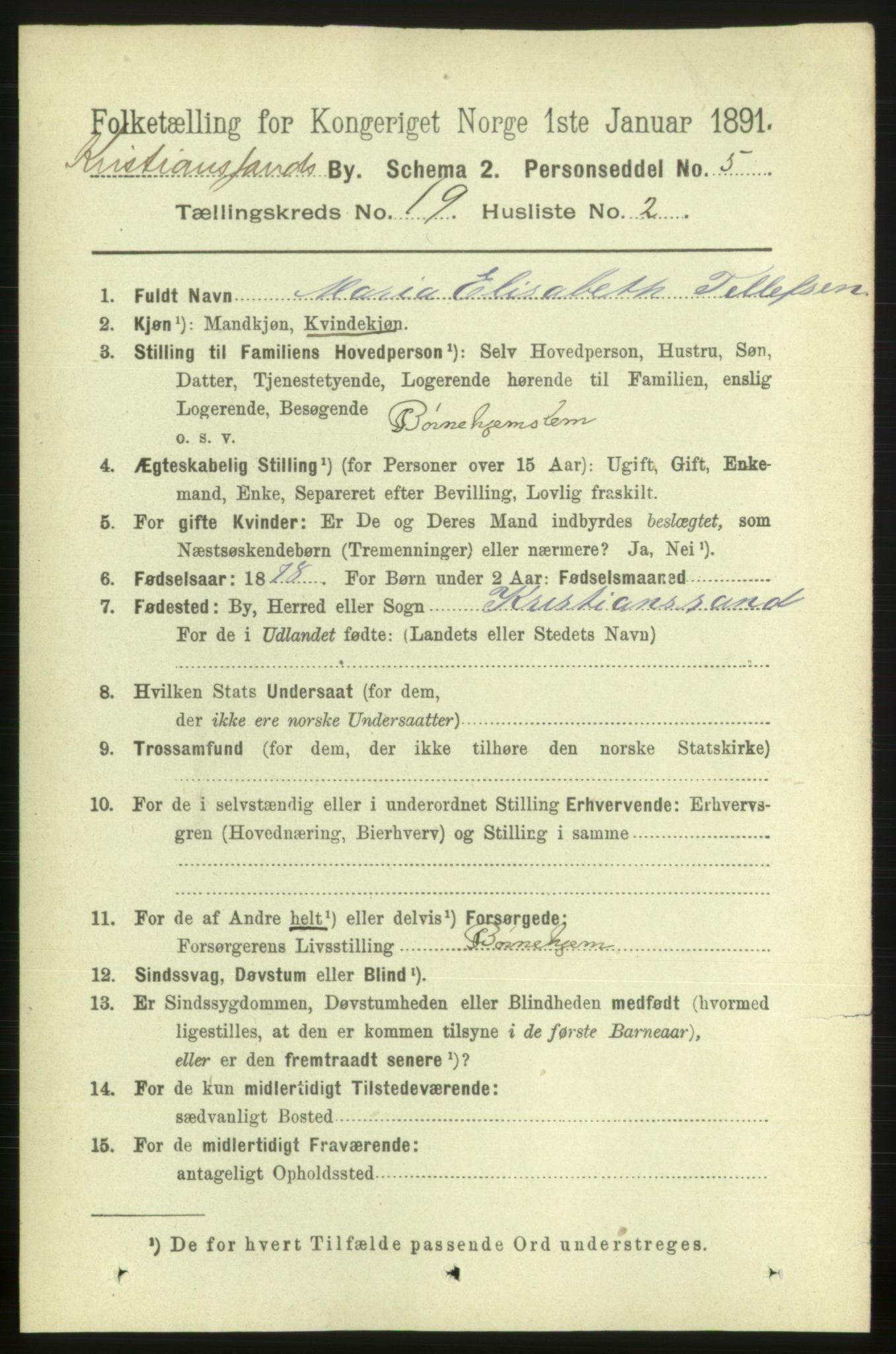 RA, 1891 census for 1001 Kristiansand, 1891, p. 7299