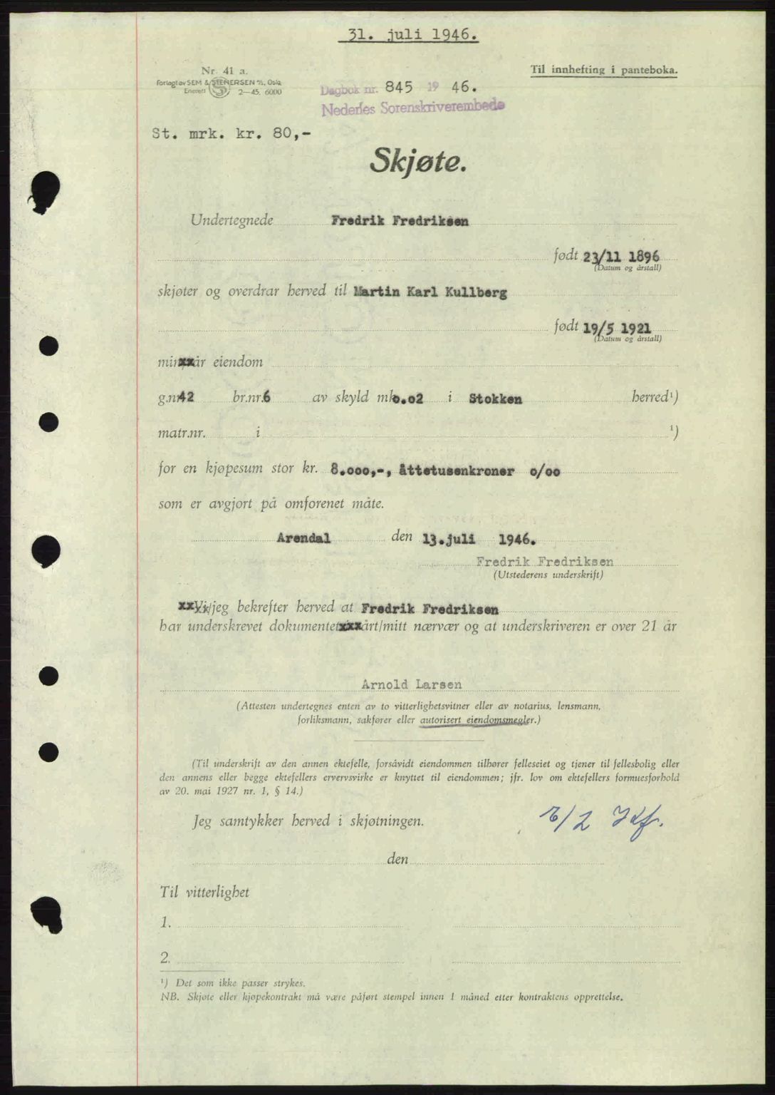 Nedenes sorenskriveri, AV/SAK-1221-0006/G/Gb/Gba/L0055: Mortgage book no. A7, 1946-1946, Diary no: : 845/1946