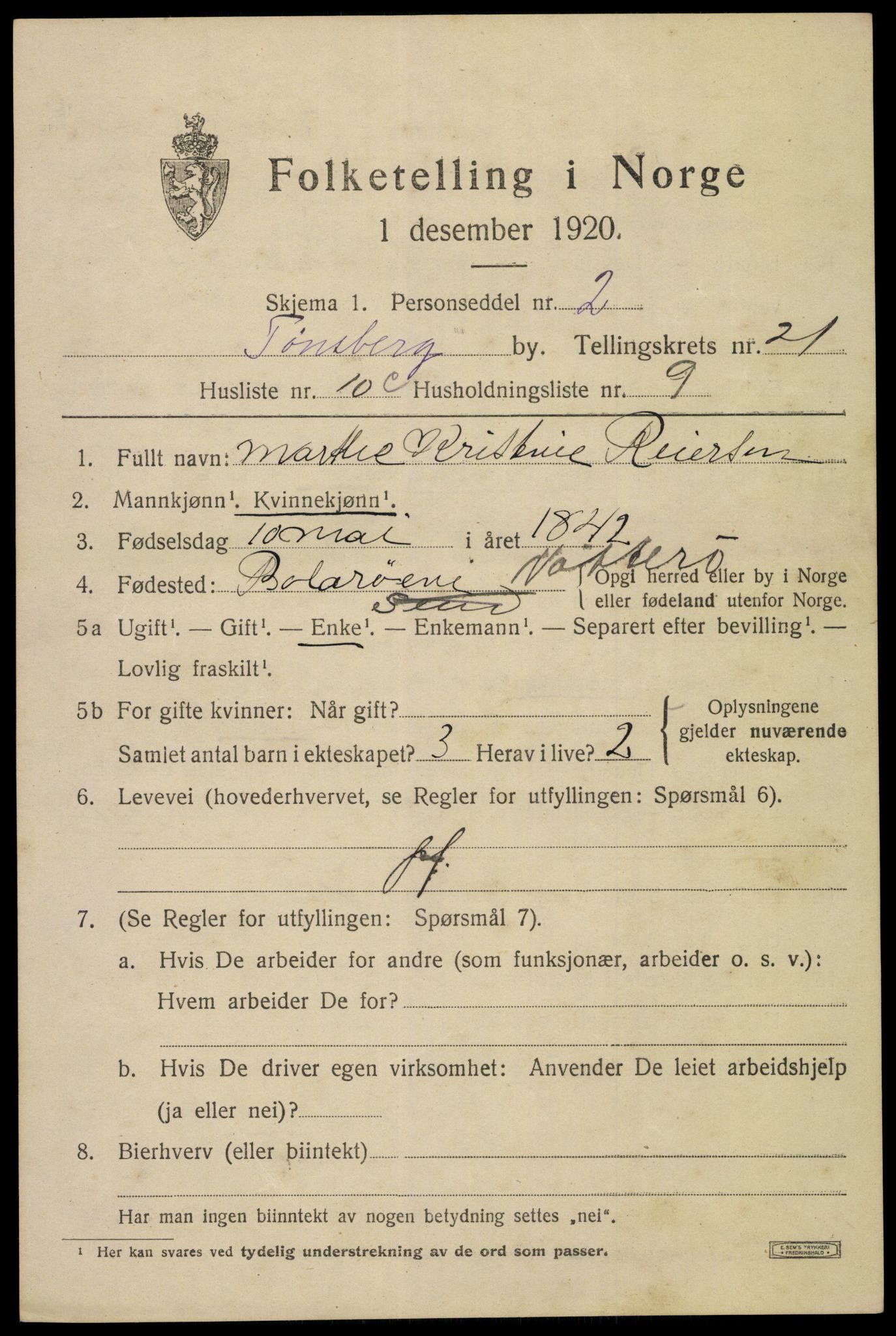 SAKO, 1920 census for Tønsberg, 1920, p. 30407