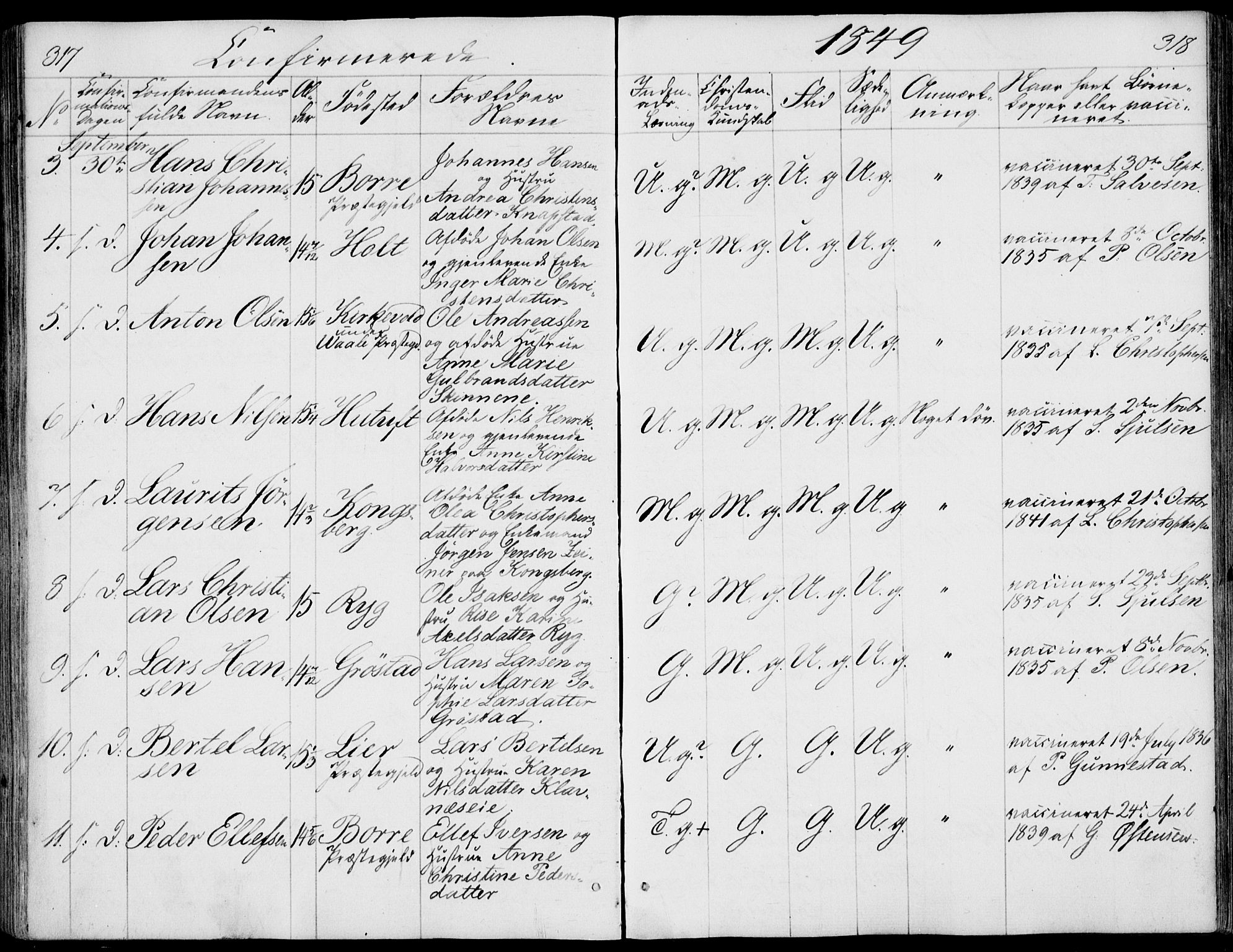 Våle kirkebøker, AV/SAKO-A-334/F/Fa/L0009a: Parish register (official) no. I 9A, 1839-1860, p. 317-318