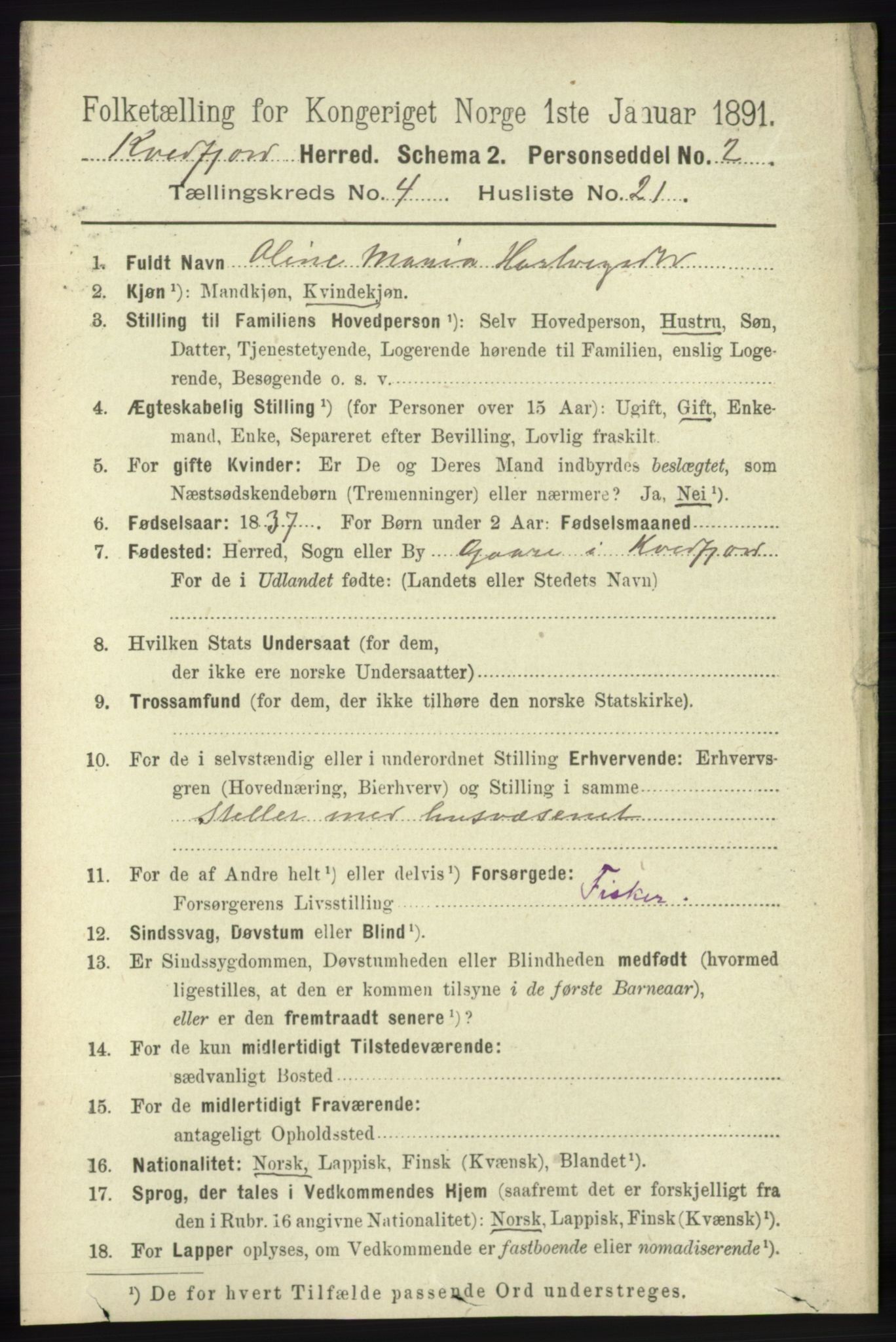 RA, 1891 census for 1911 Kvæfjord, 1891, p. 2012