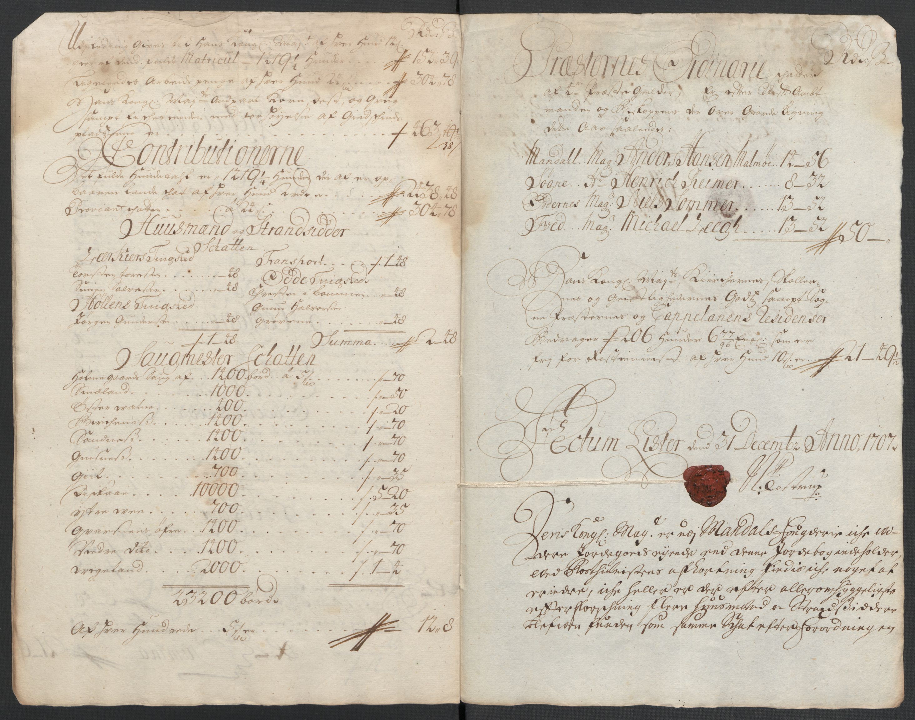 Rentekammeret inntil 1814, Reviderte regnskaper, Fogderegnskap, RA/EA-4092/R43/L2551: Fogderegnskap Lista og Mandal, 1705-1709, p. 454