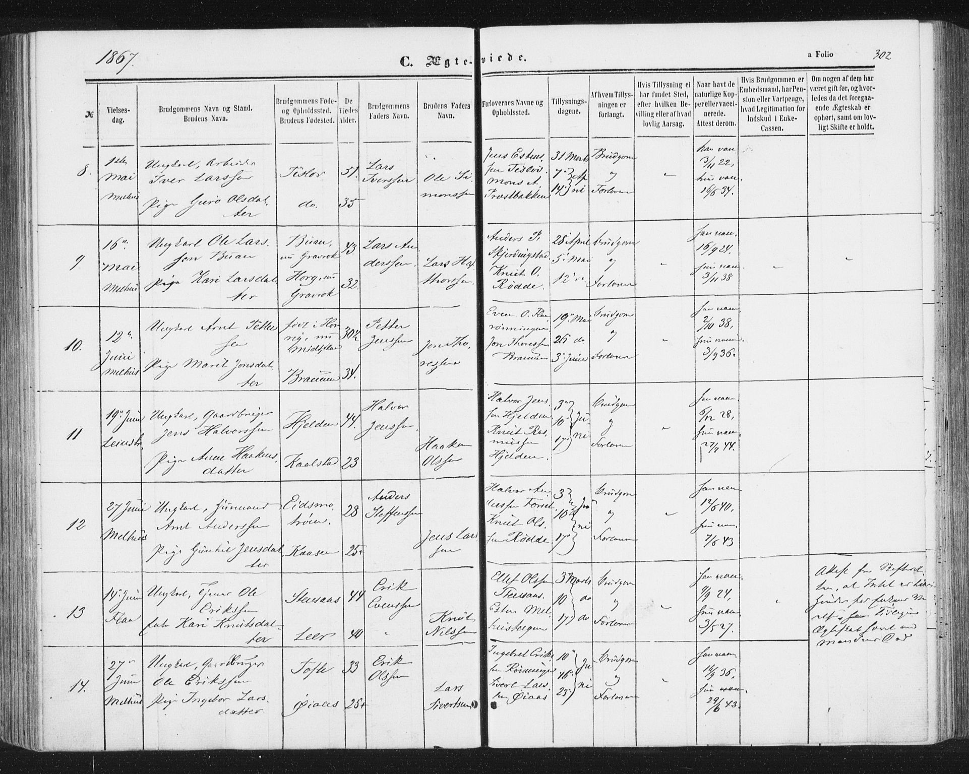 Ministerialprotokoller, klokkerbøker og fødselsregistre - Sør-Trøndelag, SAT/A-1456/691/L1077: Parish register (official) no. 691A09, 1862-1873, p. 302