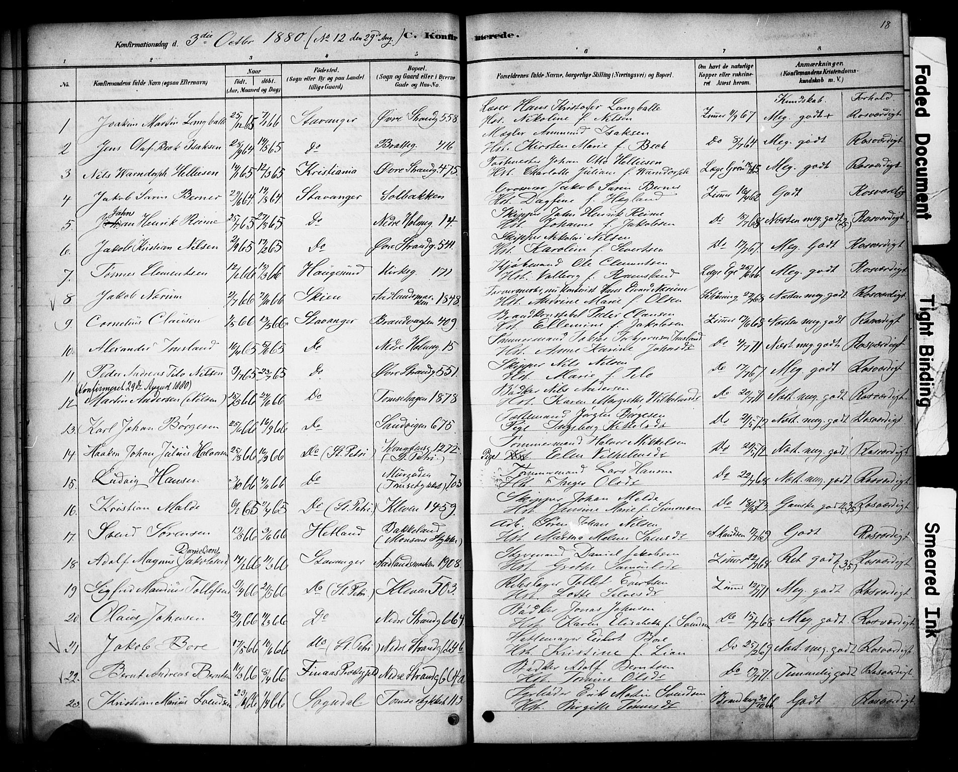 Domkirken sokneprestkontor, SAST/A-101812/001/30/30BA/L0028: Parish register (official) no. A 27, 1878-1896, p. 18