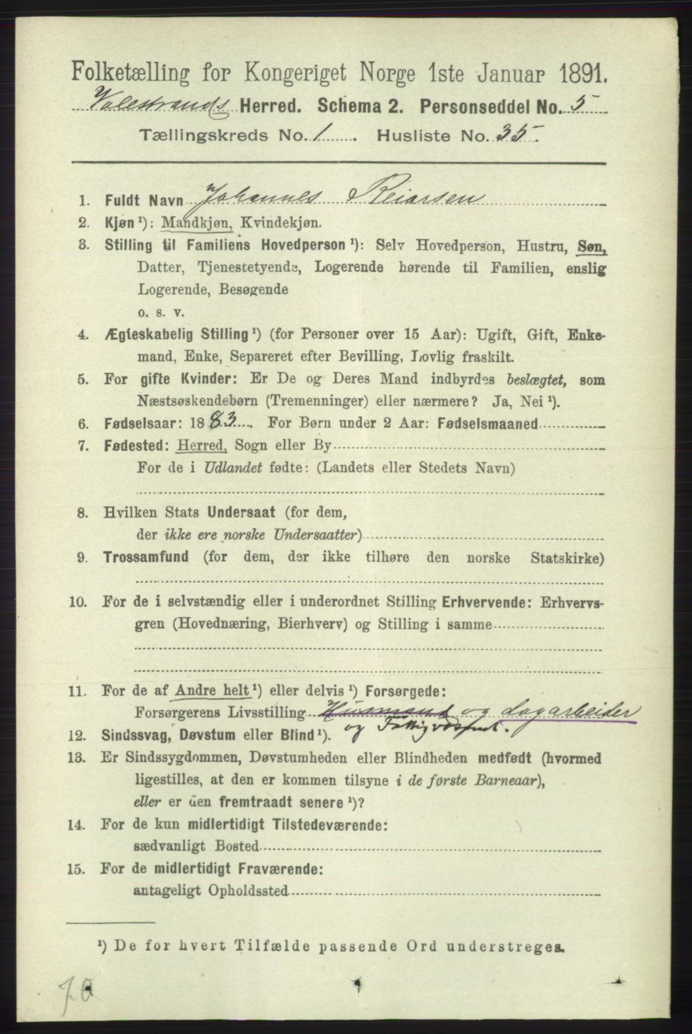 RA, 1891 census for 1217 Valestrand, 1891, p. 250