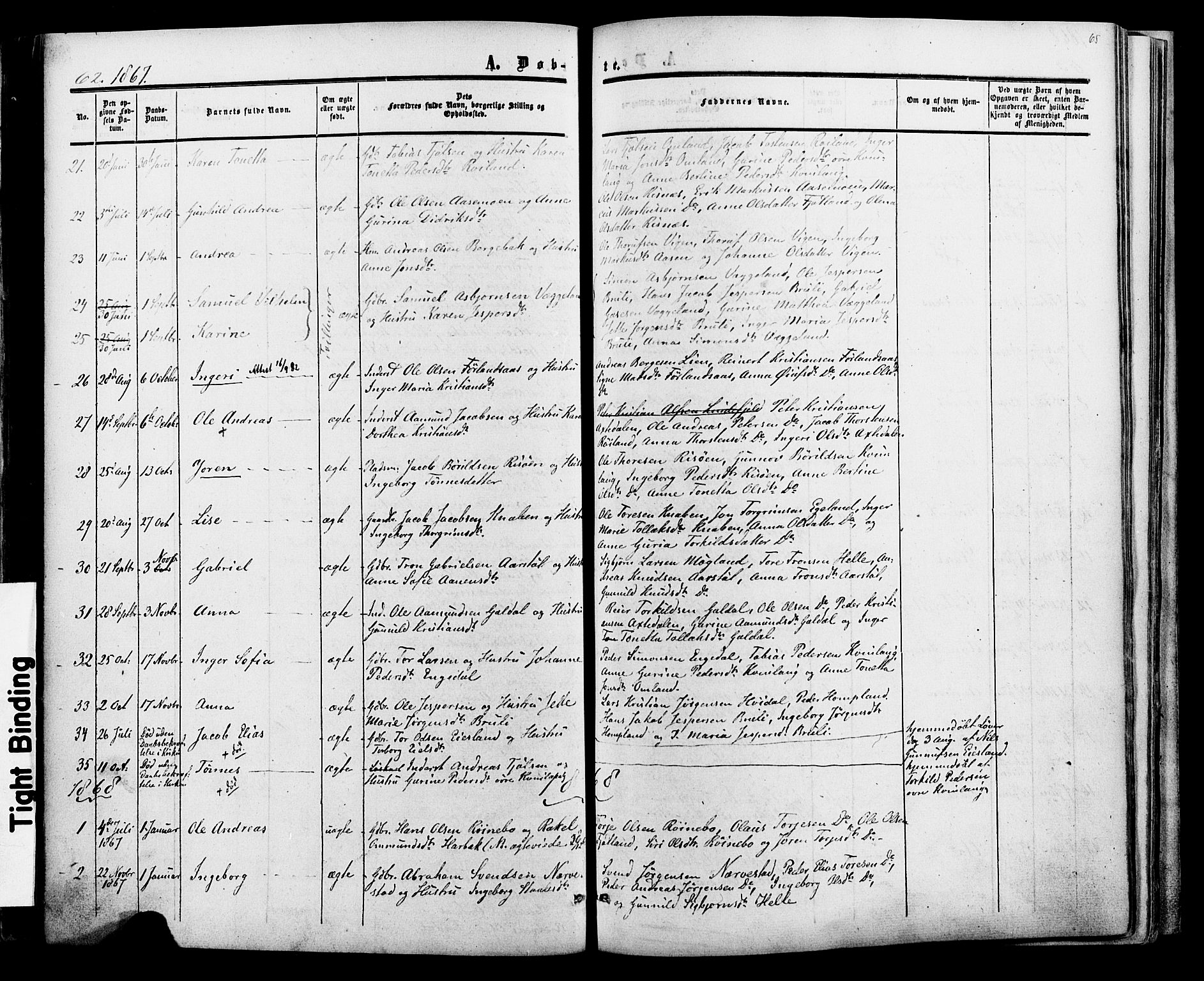 Fjotland sokneprestkontor, AV/SAK-1111-0010/F/Fa/L0001: Parish register (official) no. A 1, 1850-1879, p. 65