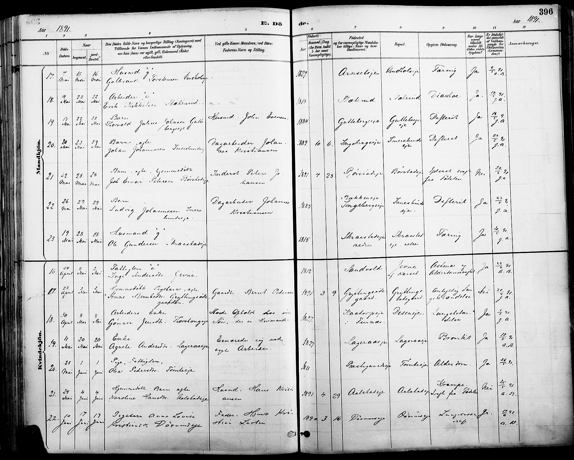 Vang prestekontor, Hedmark, AV/SAH-PREST-008/H/Ha/Haa/L0019A: Parish register (official) no. 19, 1886-1900, p. 396