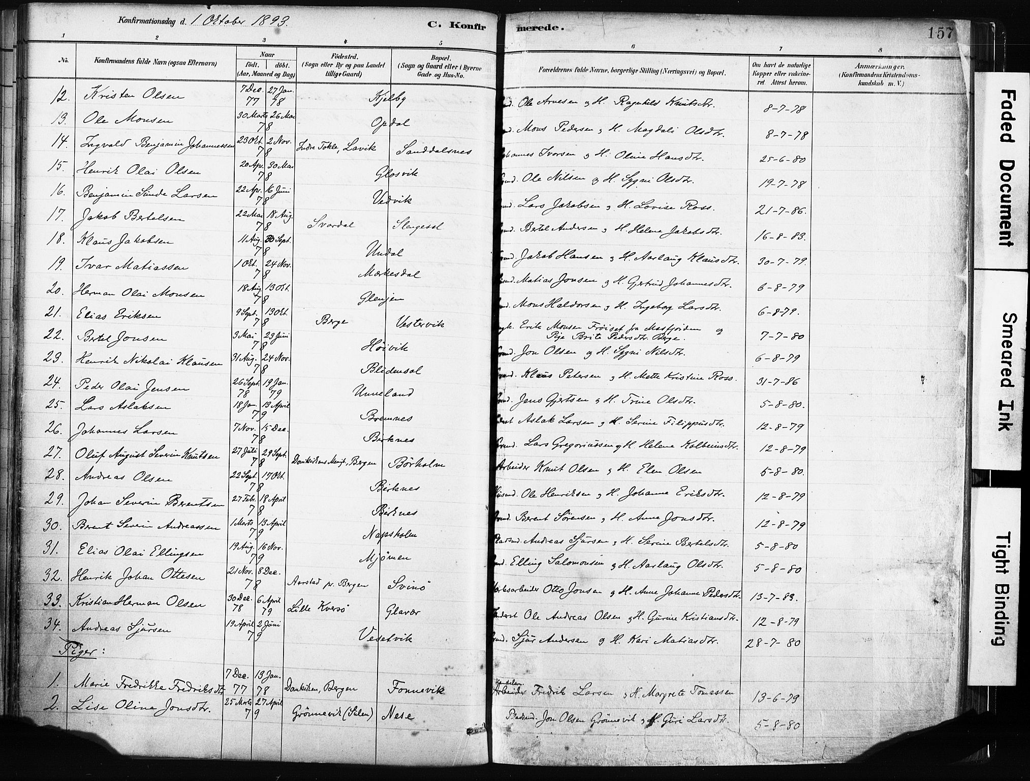 Gulen sokneprestembete, AV/SAB-A-80201/H/Haa/Haab/L0001: Parish register (official) no. B 1, 1881-1905, p. 157