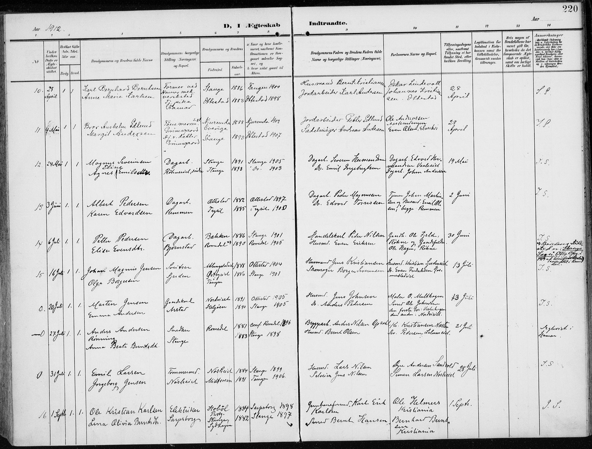 Stange prestekontor, AV/SAH-PREST-002/K/L0024: Parish register (official) no. 24, 1906-1922, p. 220