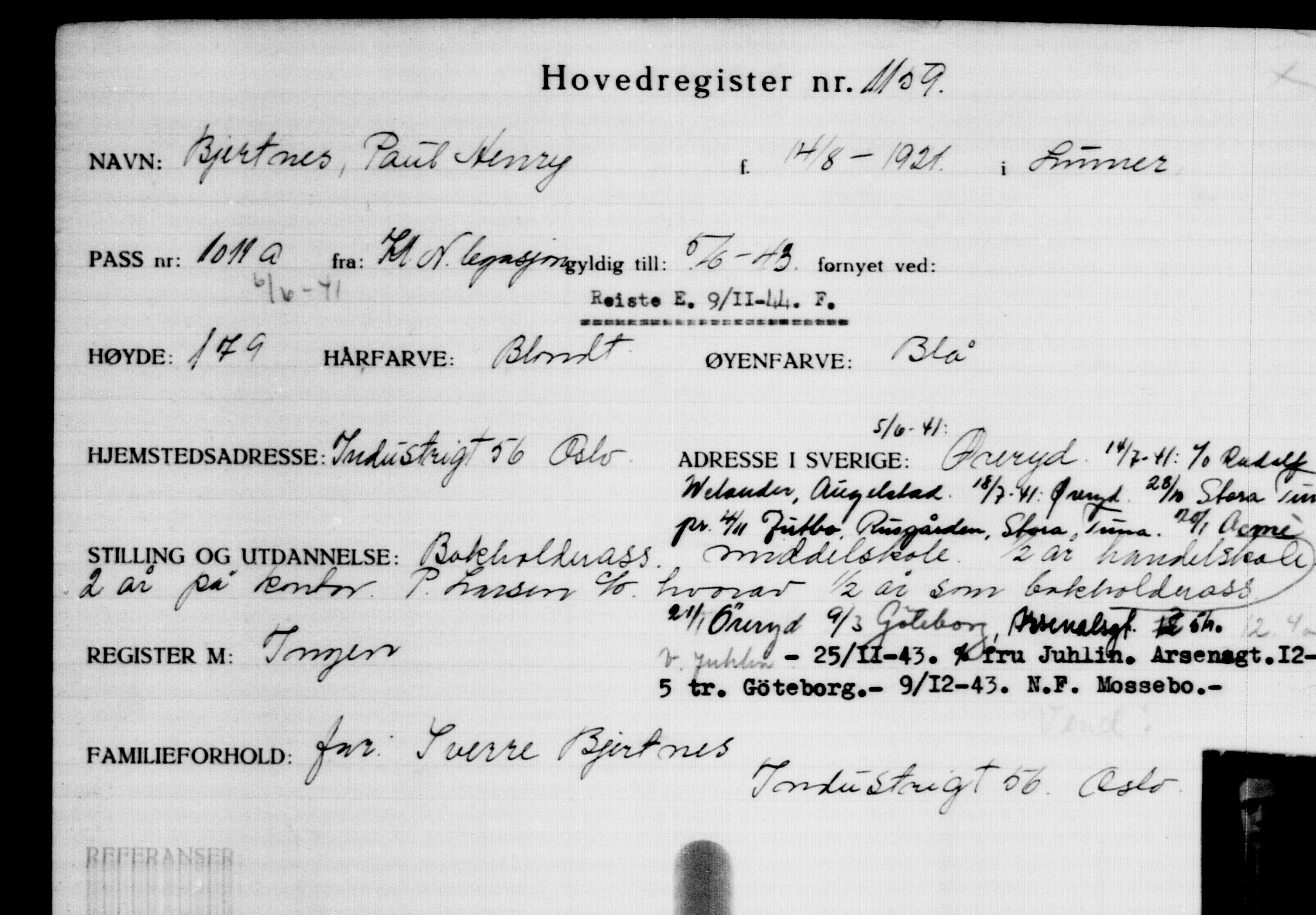 Den Kgl. Norske Legasjons Flyktningskontor, AV/RA-S-6753/V/Va/L0002: Kjesäterkartoteket.  Flyktningenr. 1001-2000, 1940-1945, p. 246