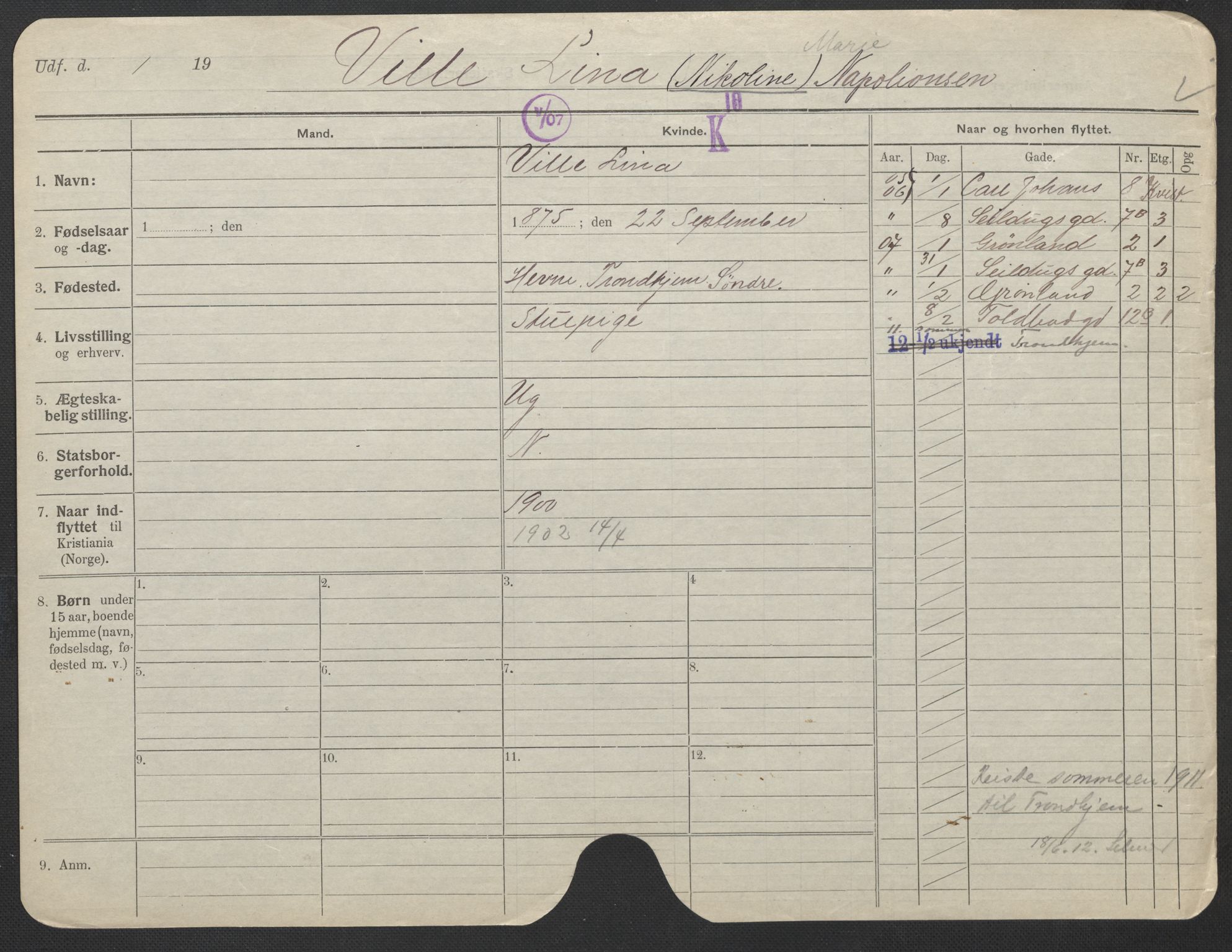 Oslo folkeregister, Registerkort, SAO/A-11715/F/Fa/Fac/L0025: Kvinner, 1906-1914, p. 851a