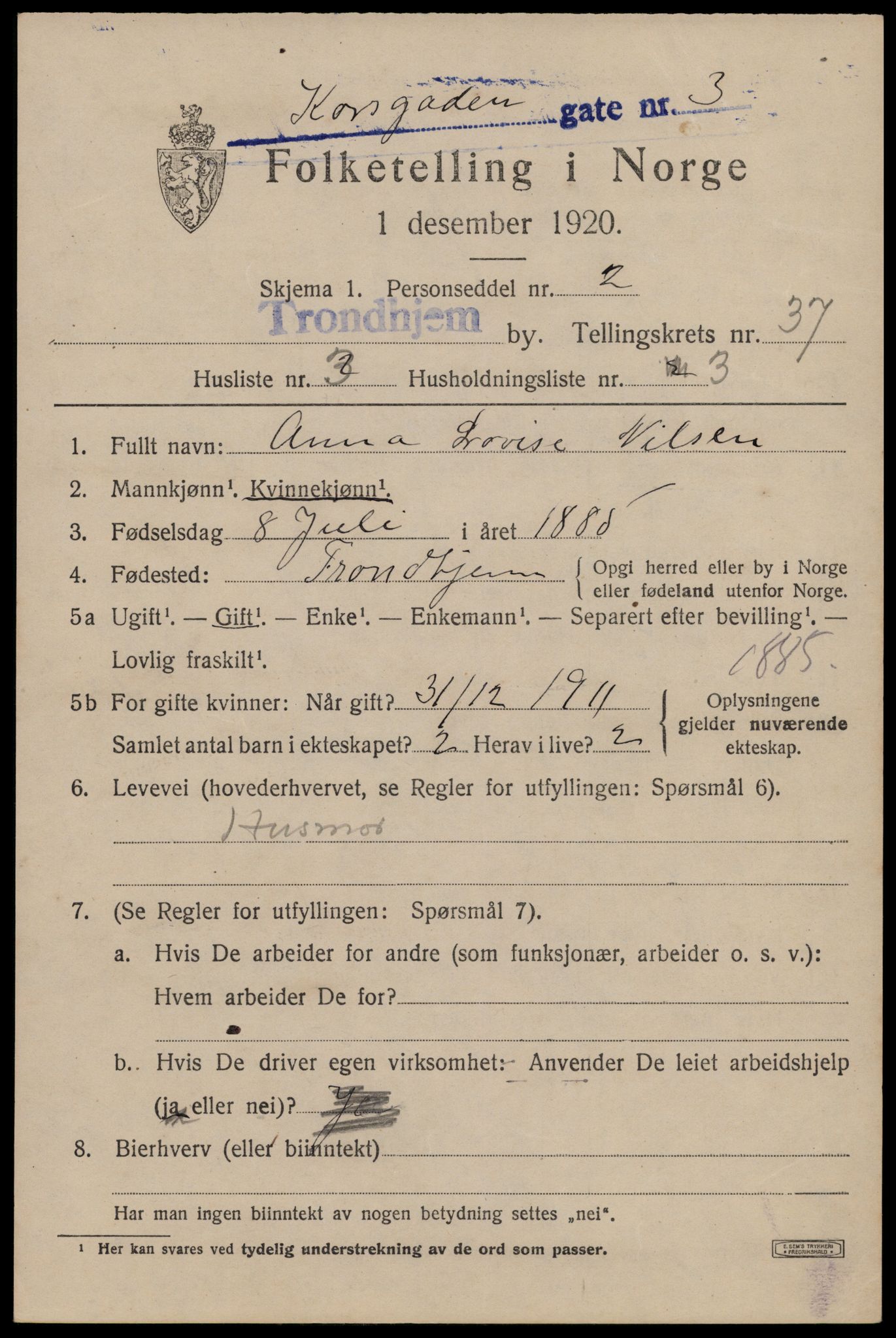 SAT, 1920 census for Trondheim, 1920, p. 84582