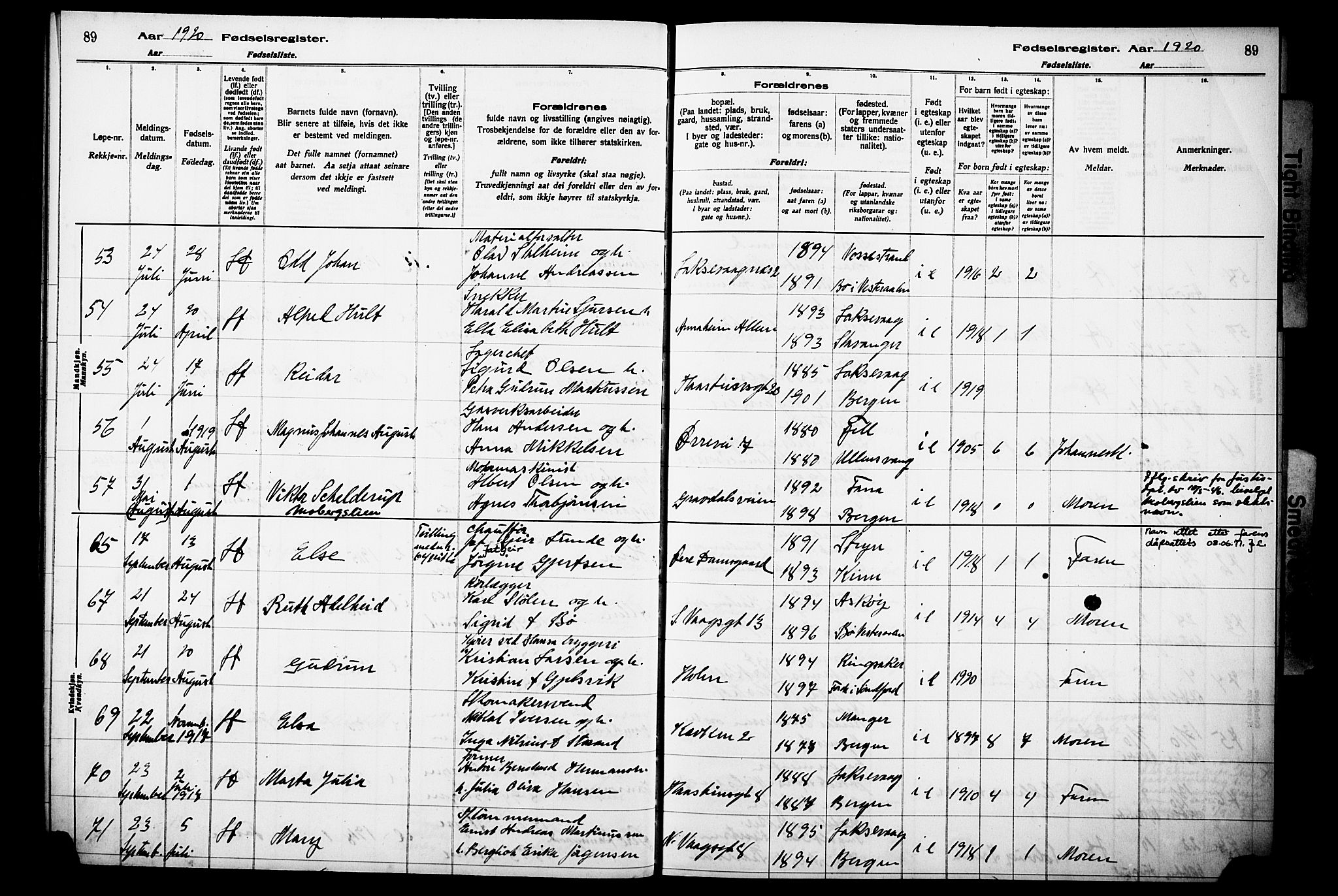 Laksevåg Sokneprestembete, AV/SAB-A-76501/I/Id/L00A1: Birth register no. A 1, 1916-1926, p. 89