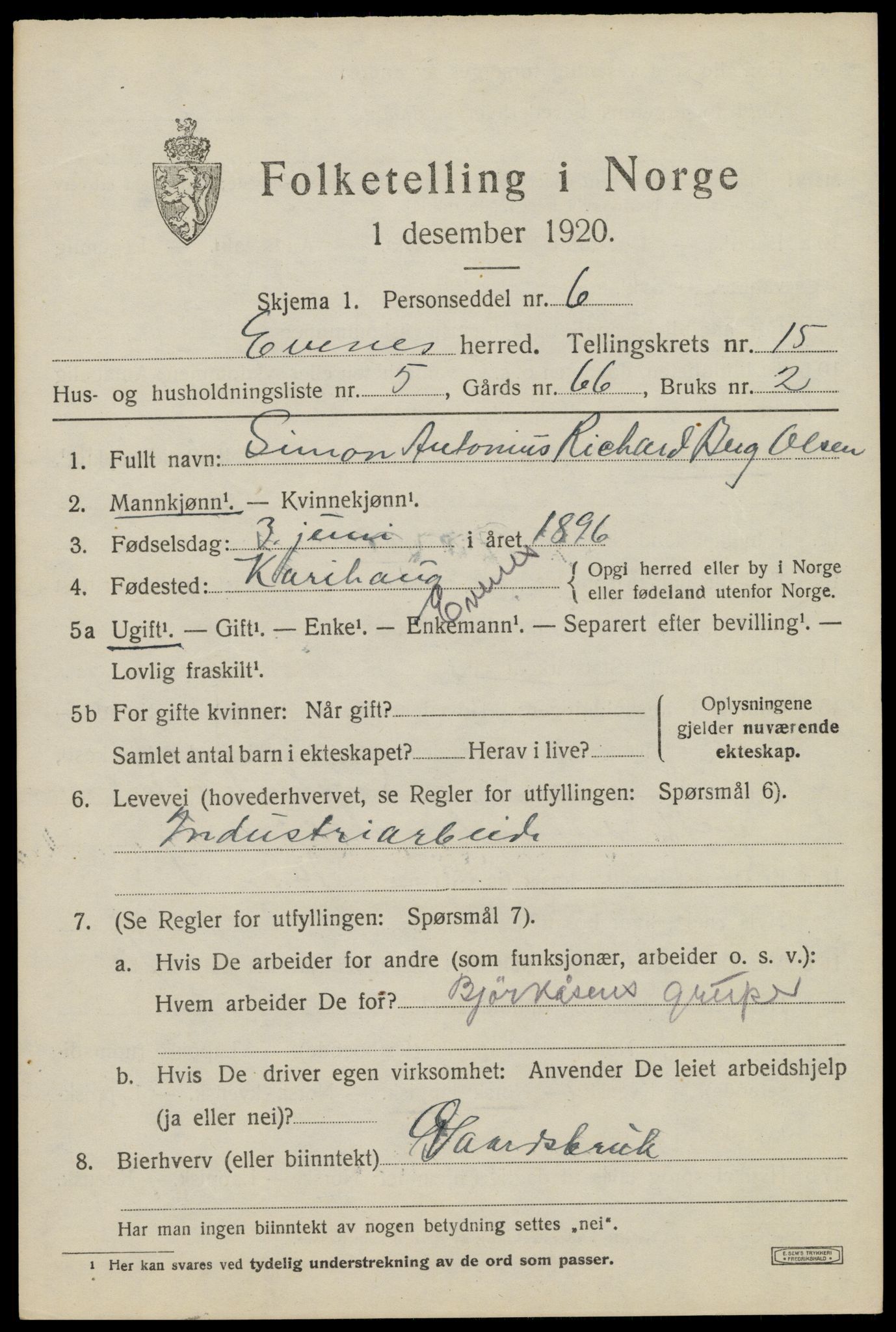 SAT, 1920 census for Evenes, 1920, p. 12794