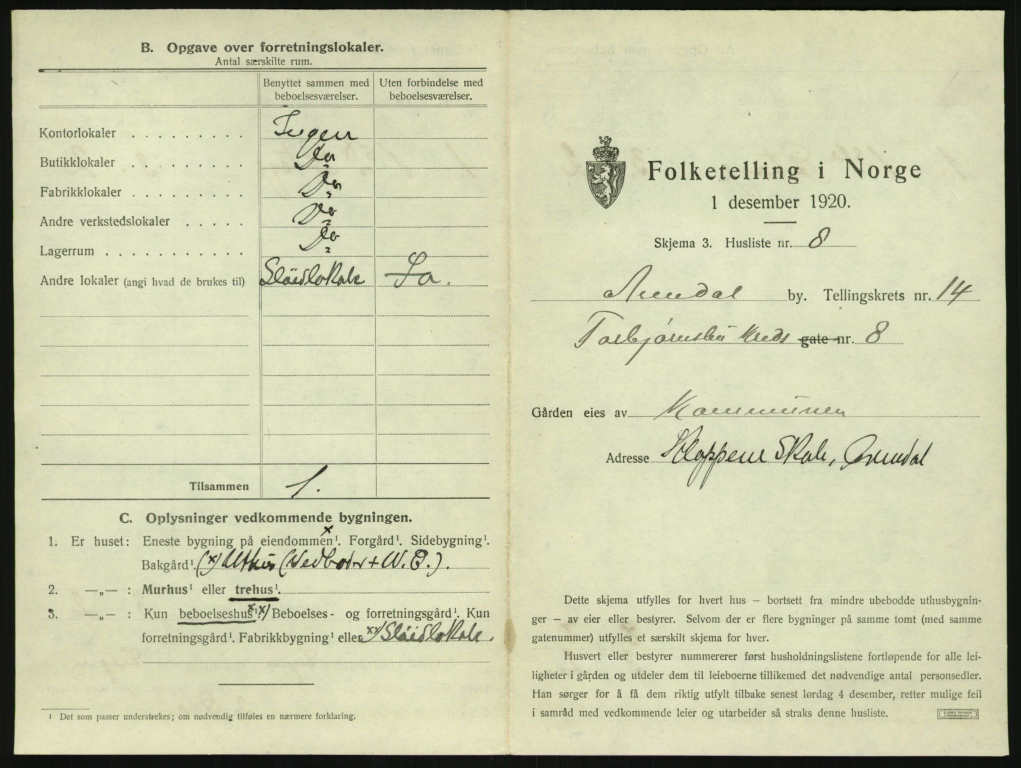 SAK, 1920 census for Arendal, 1920, p. 1982